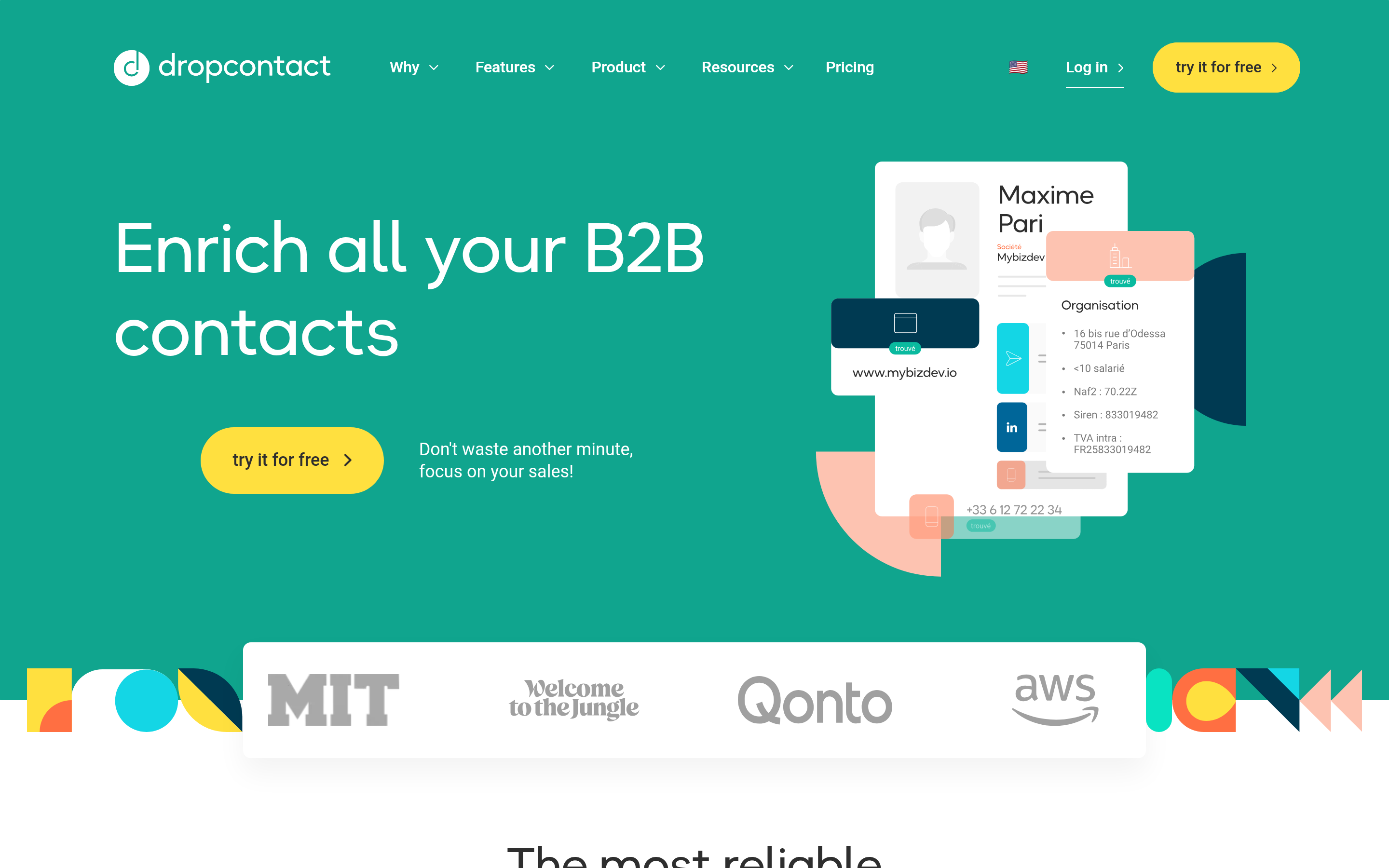 Dropcontact website screenshot — product, features and pricing