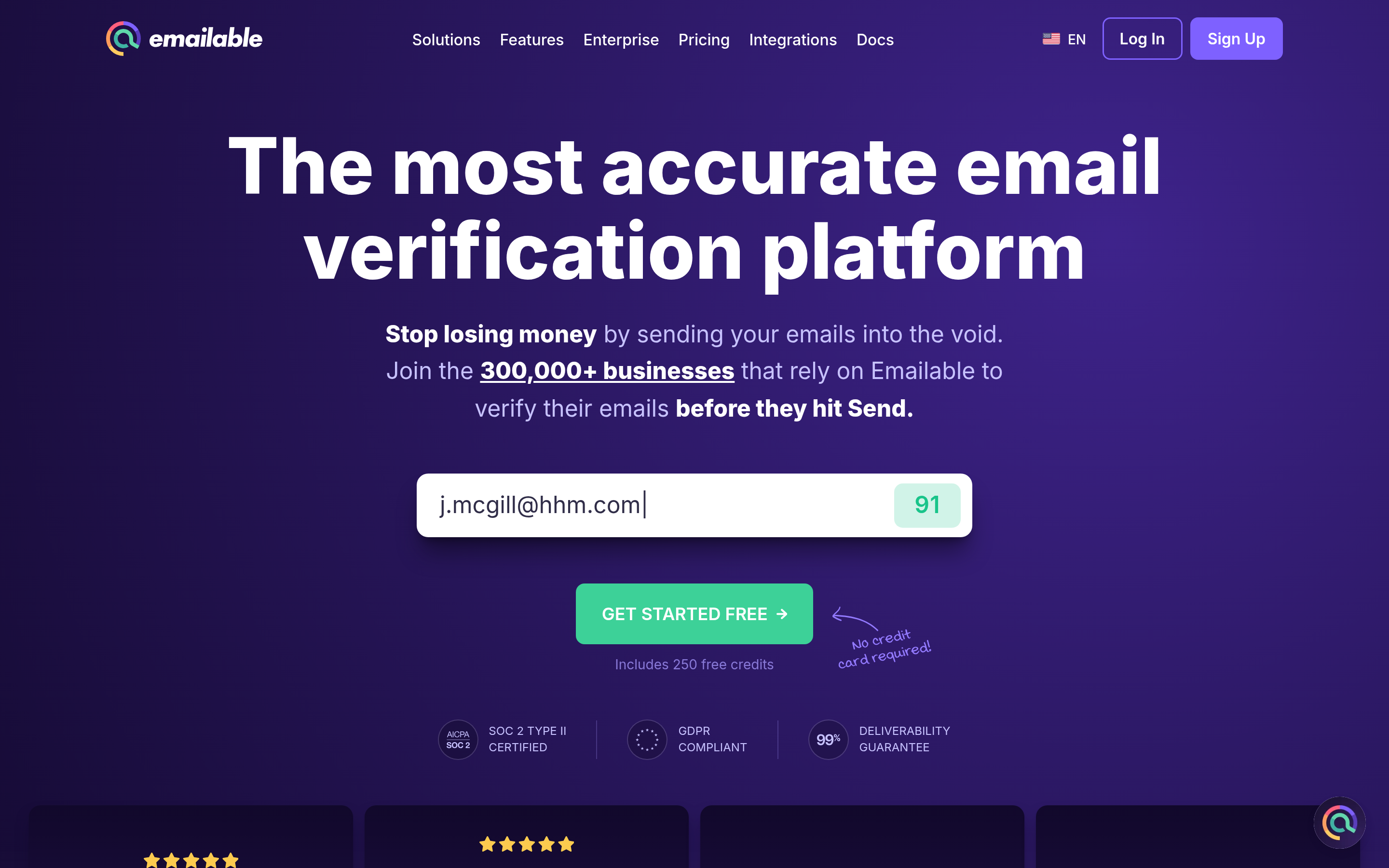Emailable website screenshot — product, features and pricing