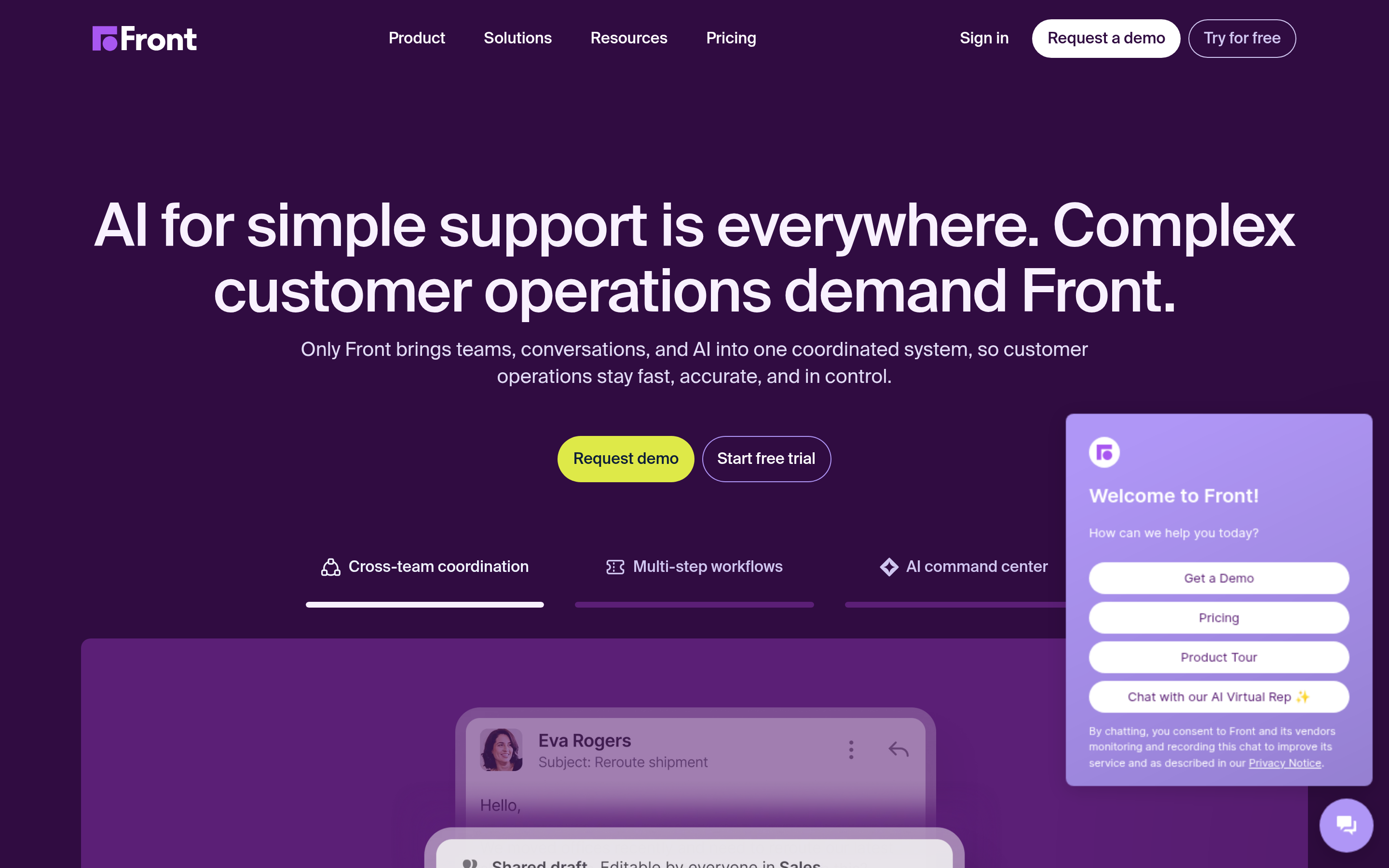Front website screenshot — product, features and pricing