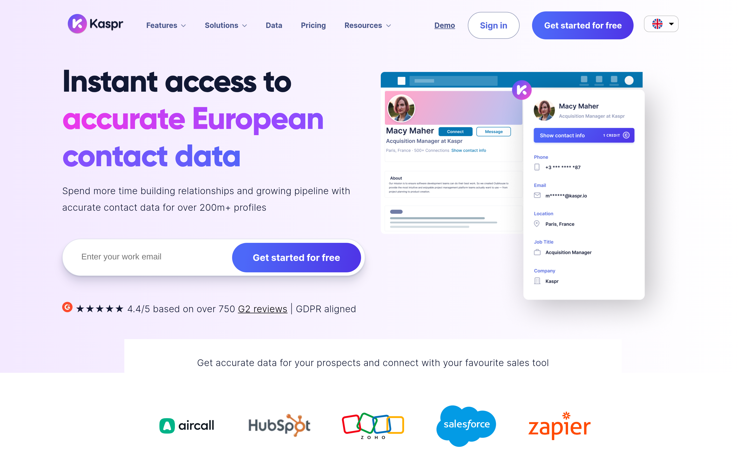 Kaspr website screenshot — product, features and pricing