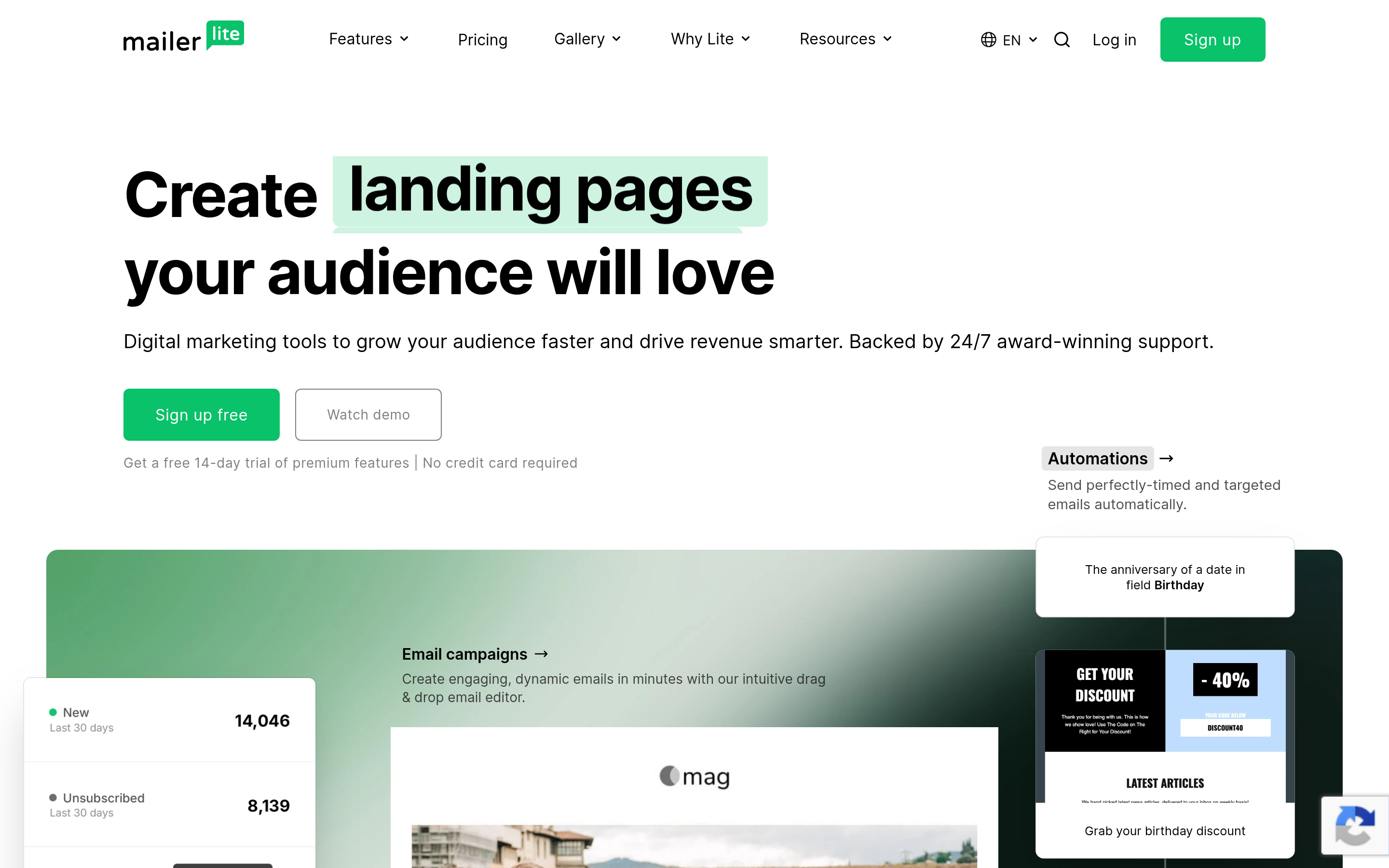MailerLite website screenshot — product, features and pricing