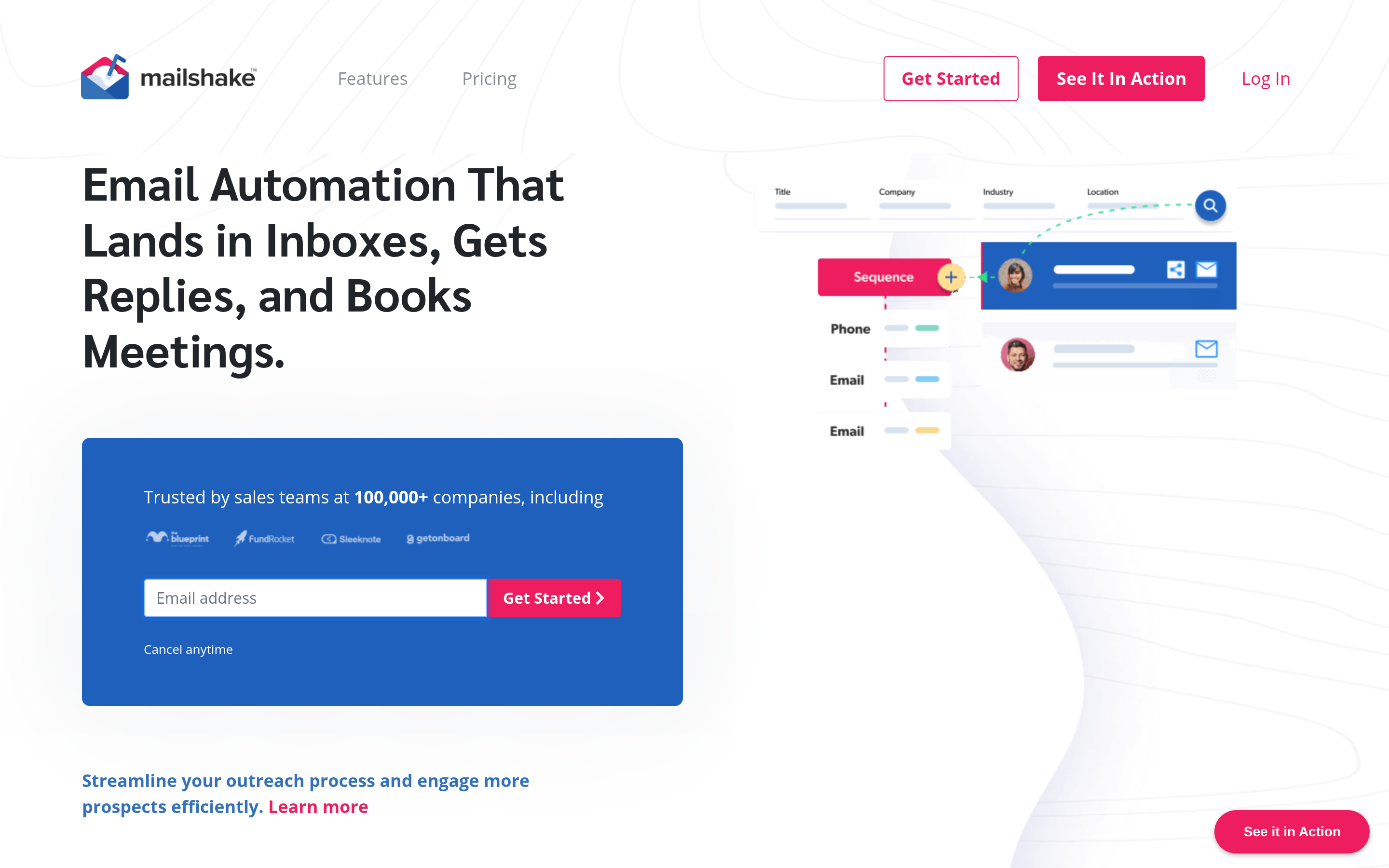 Mailshake website screenshot — product, features and pricing