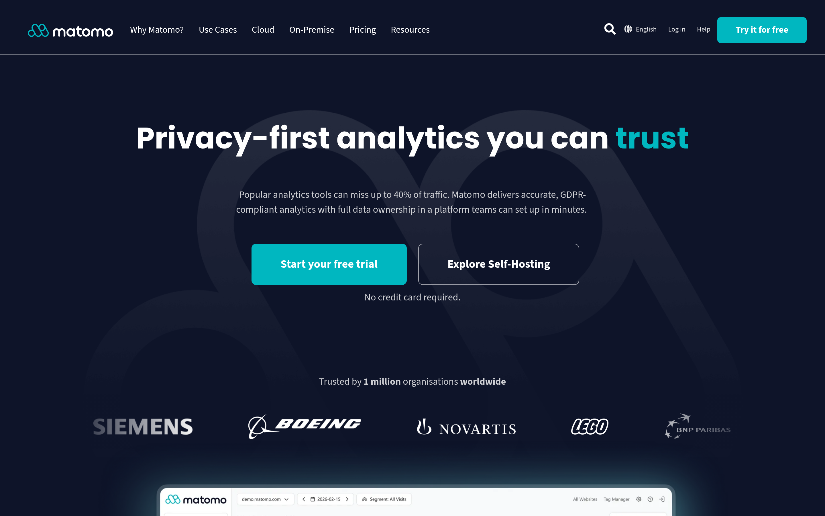 Matomo website screenshot — product, features and pricing