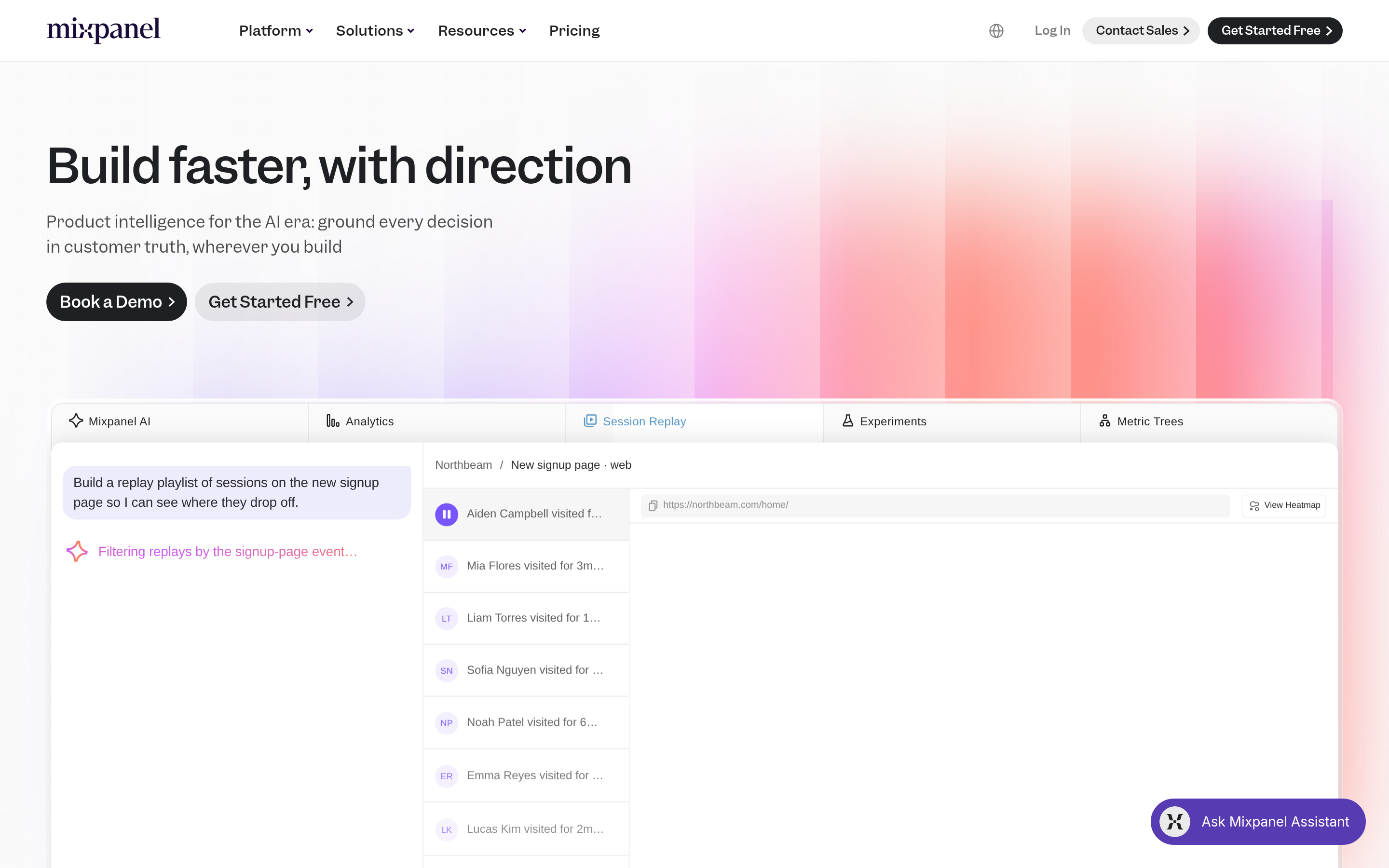 Mixpanel website screenshot — product, features and pricing