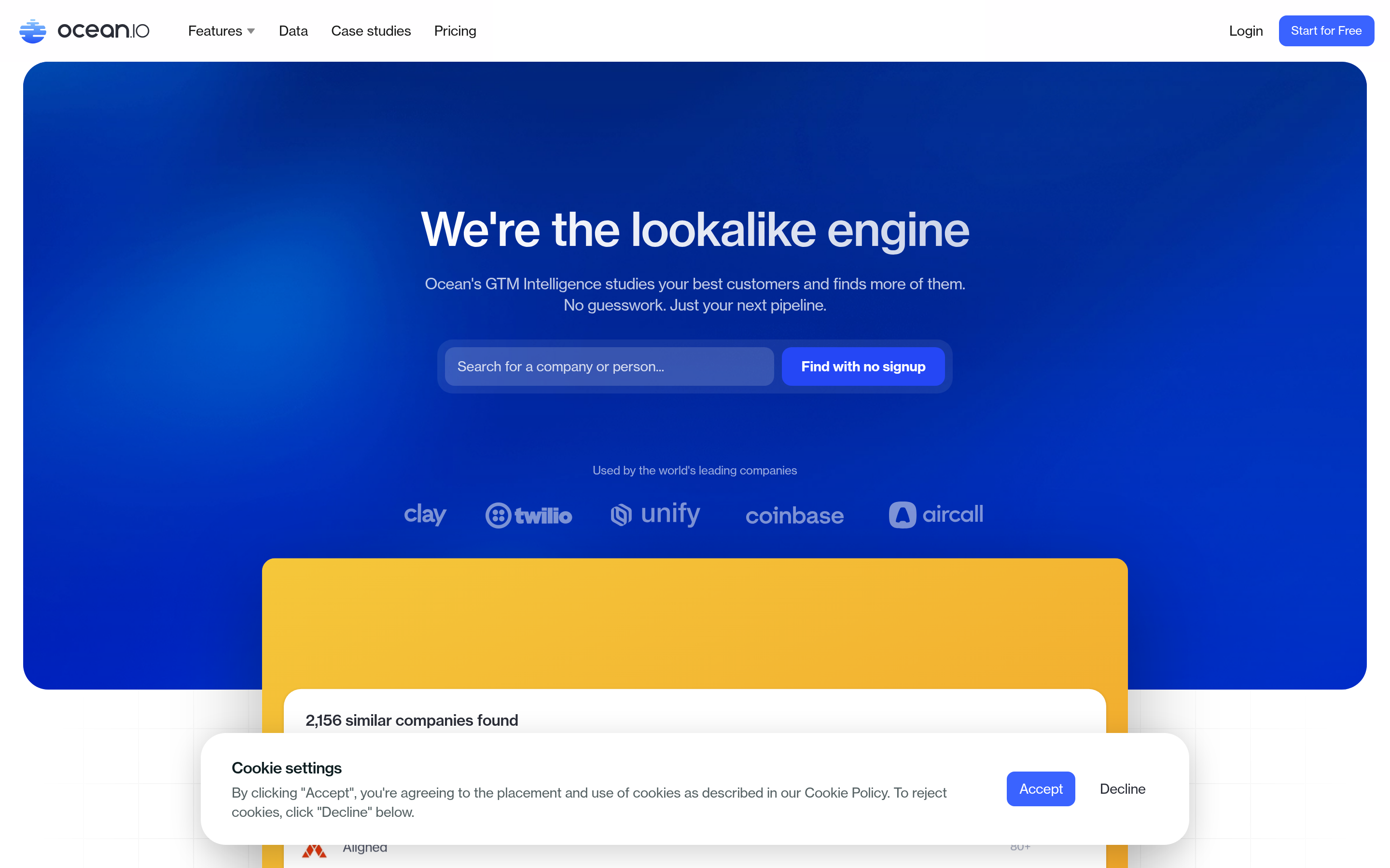 Ocean.io website screenshot — product, features and pricing