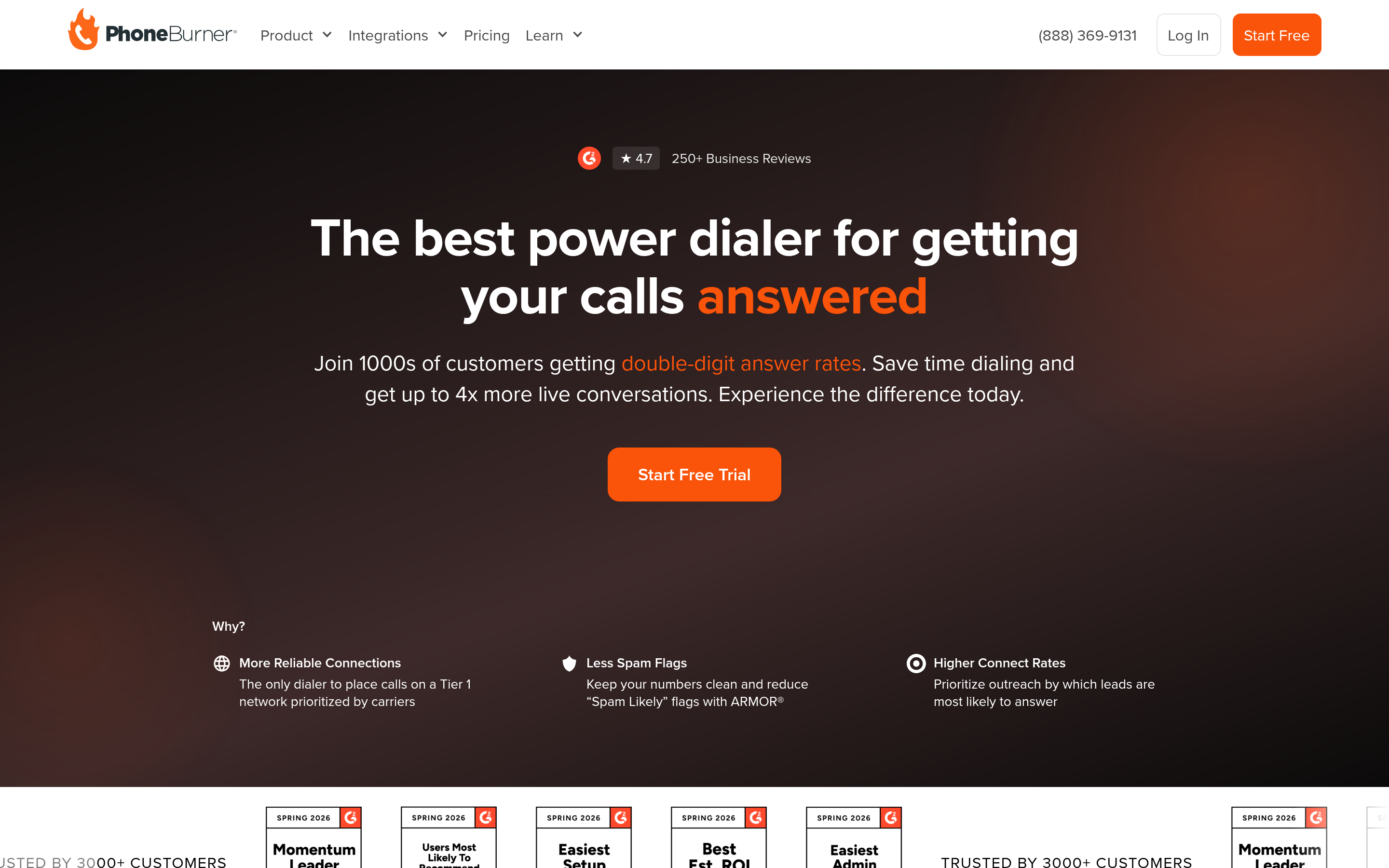 PhoneBurner website screenshot — product, features and pricing