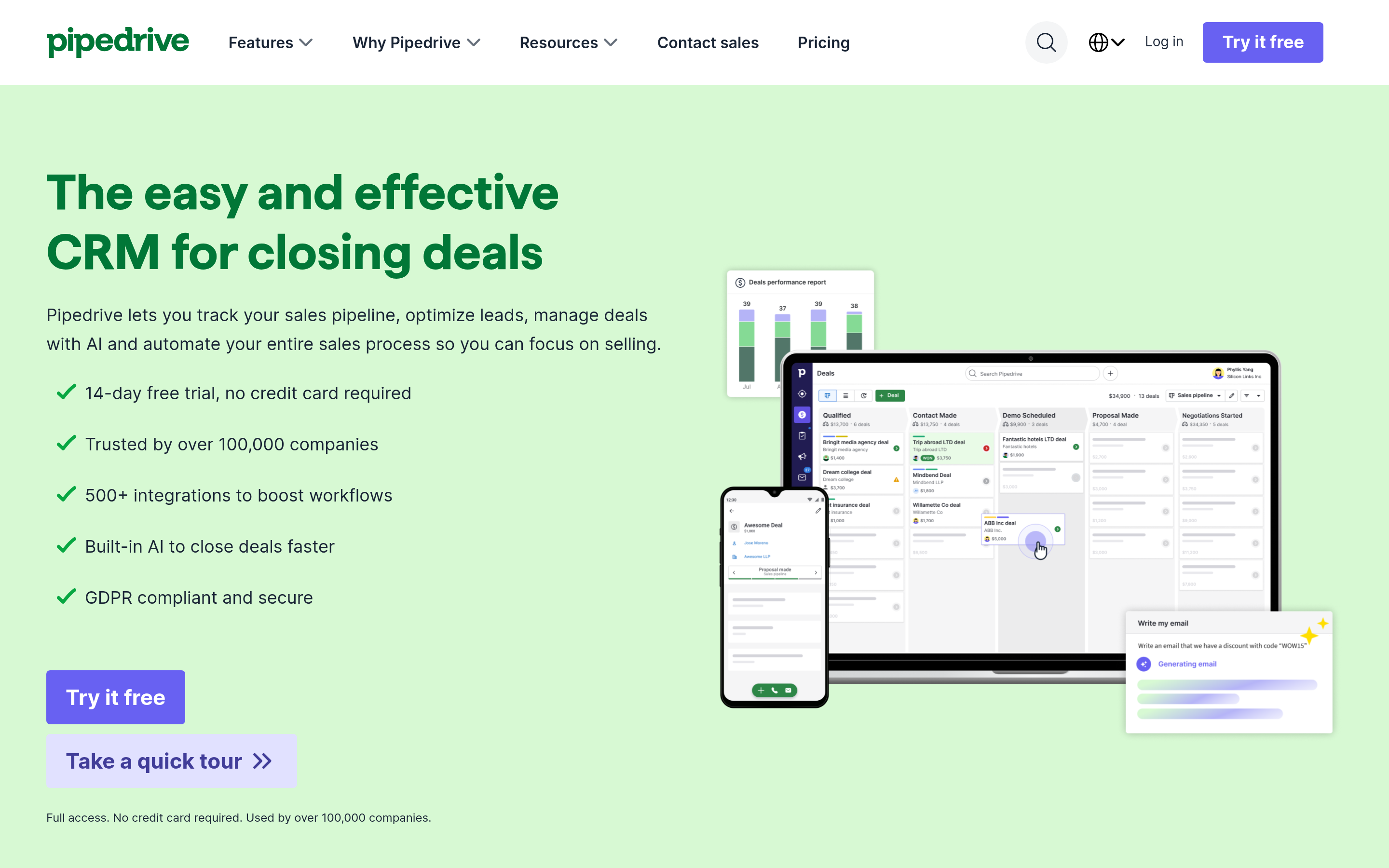 Pipedrive website screenshot — product, features and pricing