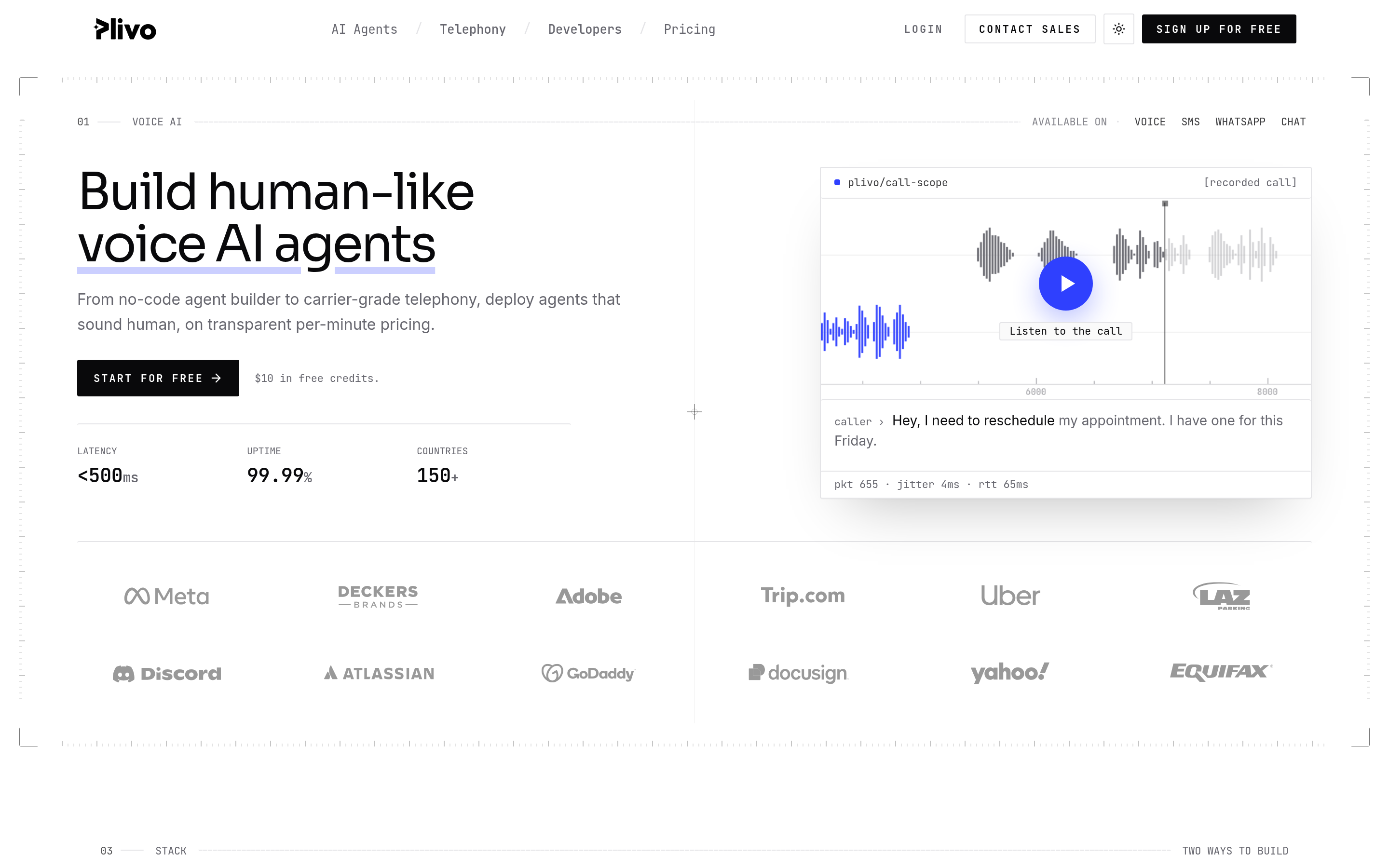 Plivo website screenshot — product, features and pricing