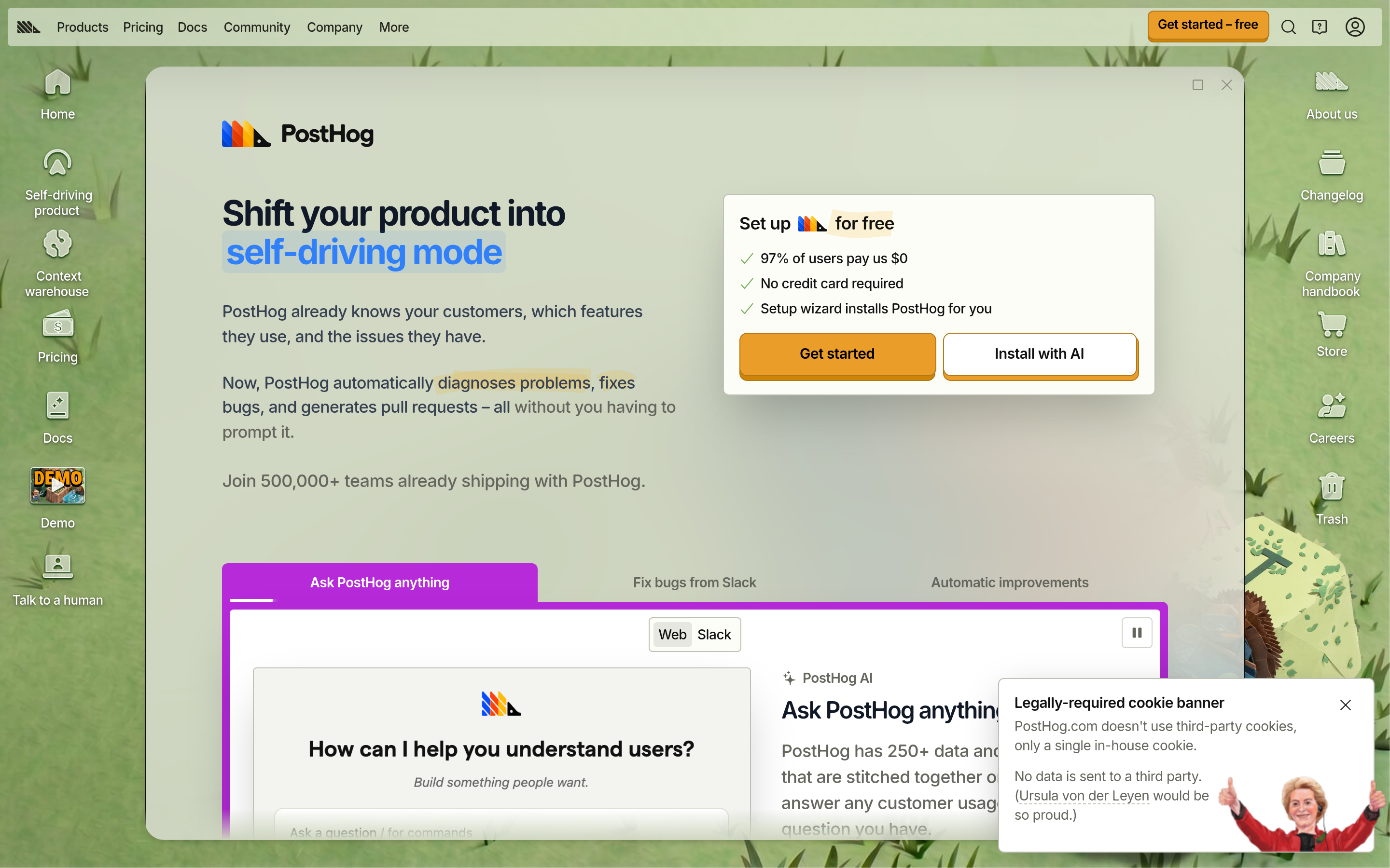 PostHog website screenshot — product, features and pricing