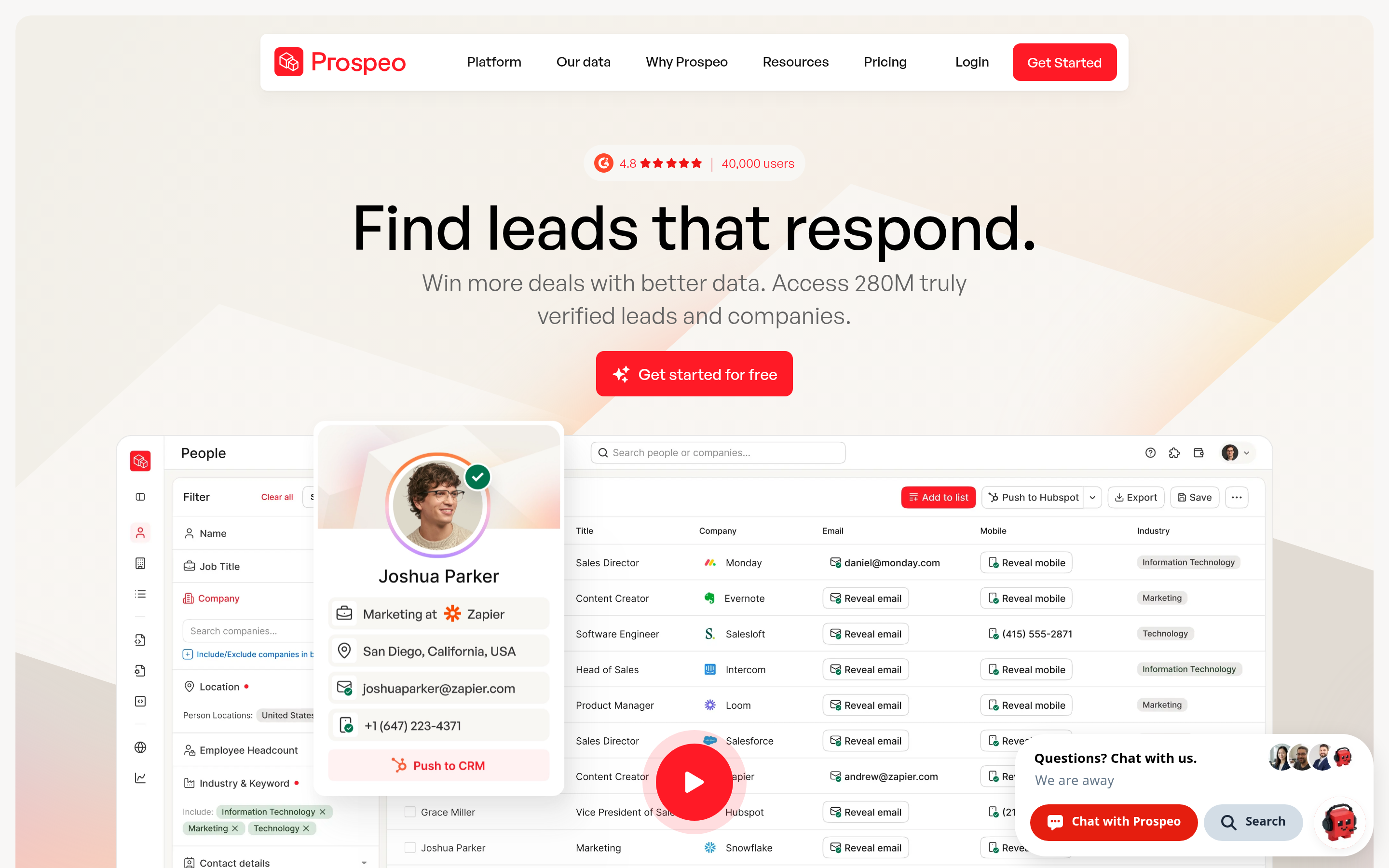 Prospeo website screenshot — product, features and pricing