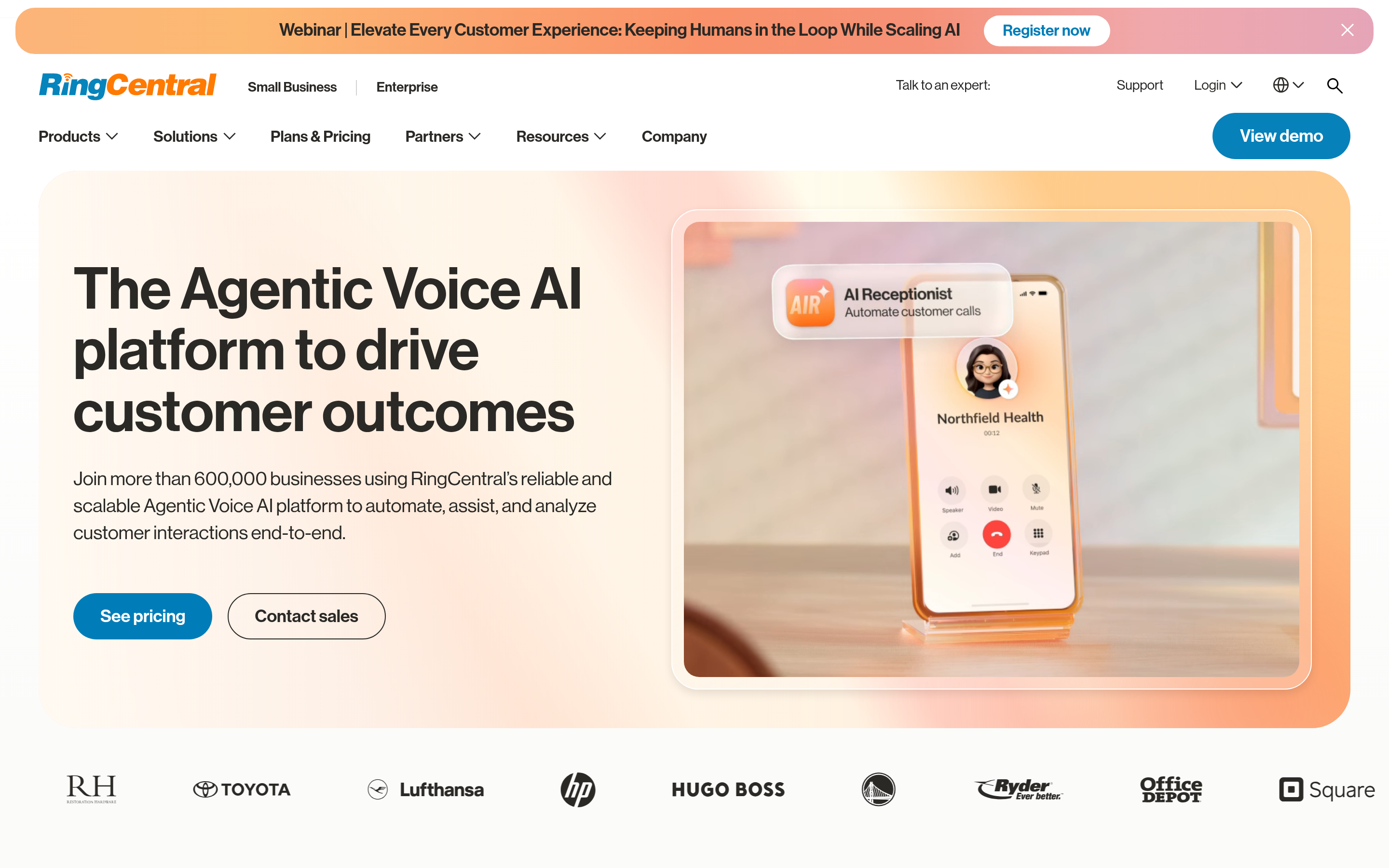 RingCentral website screenshot — product, features and pricing