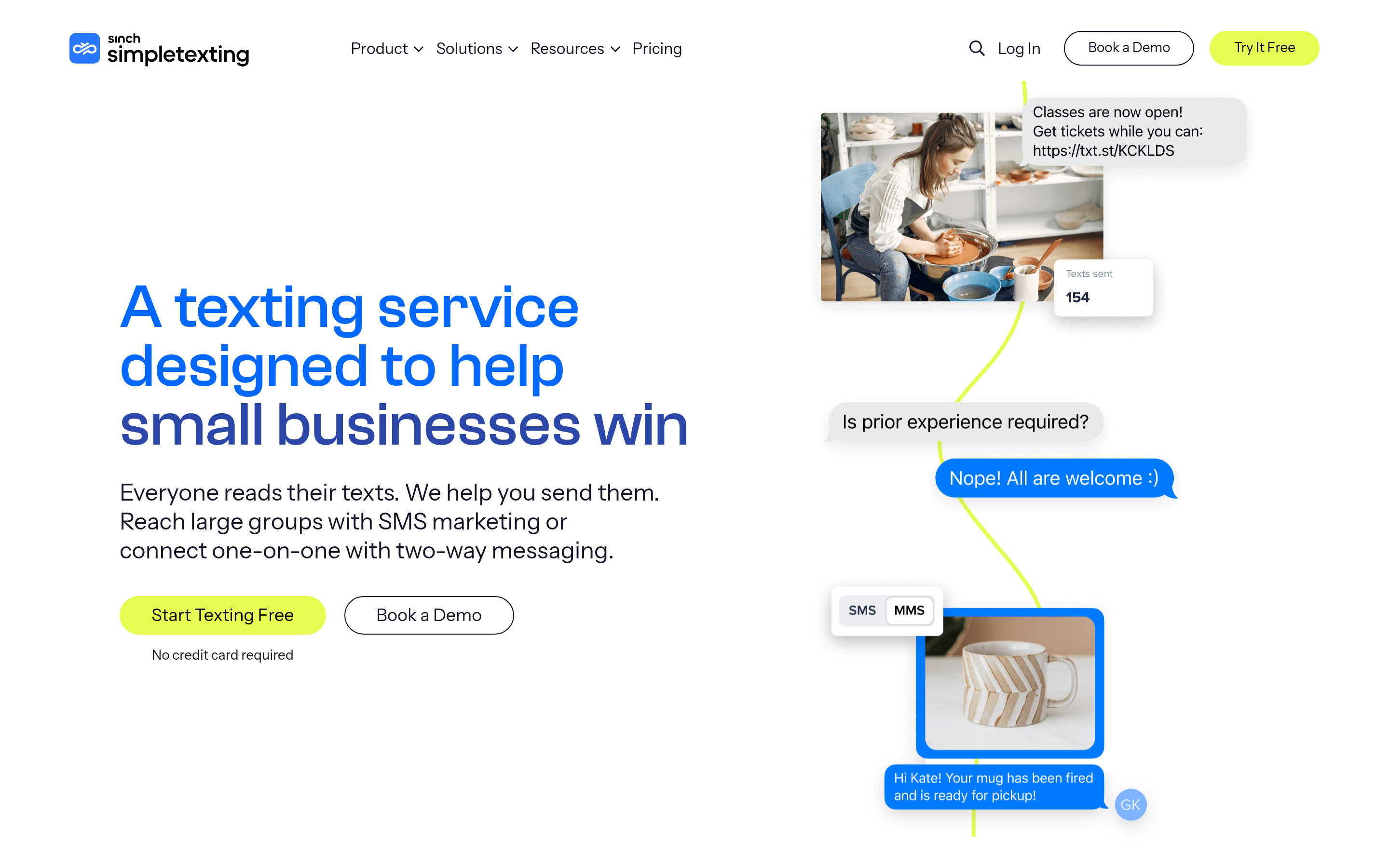 SimpleTexting website screenshot — product, features and pricing
