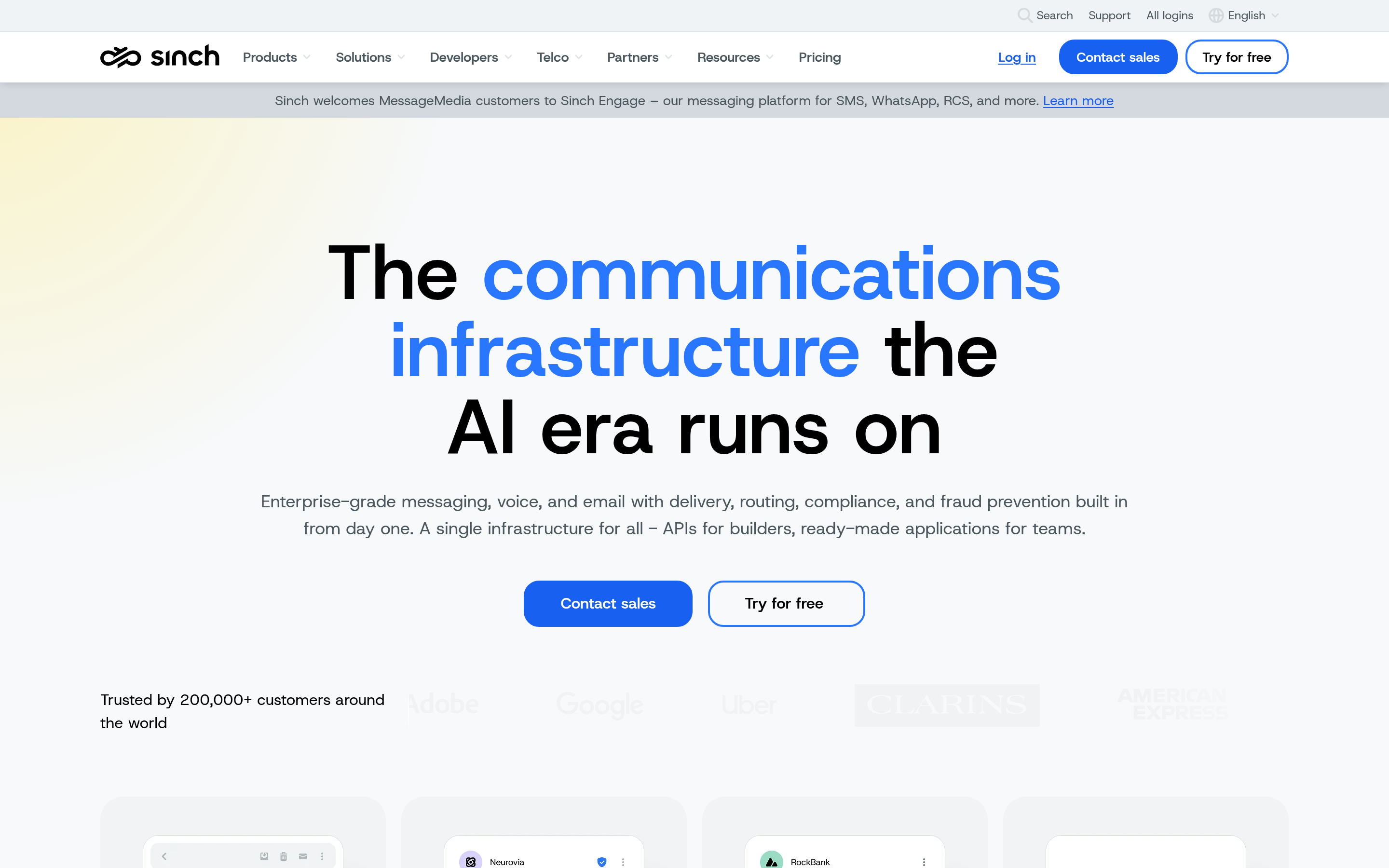 Sinch website screenshot — product, features and pricing