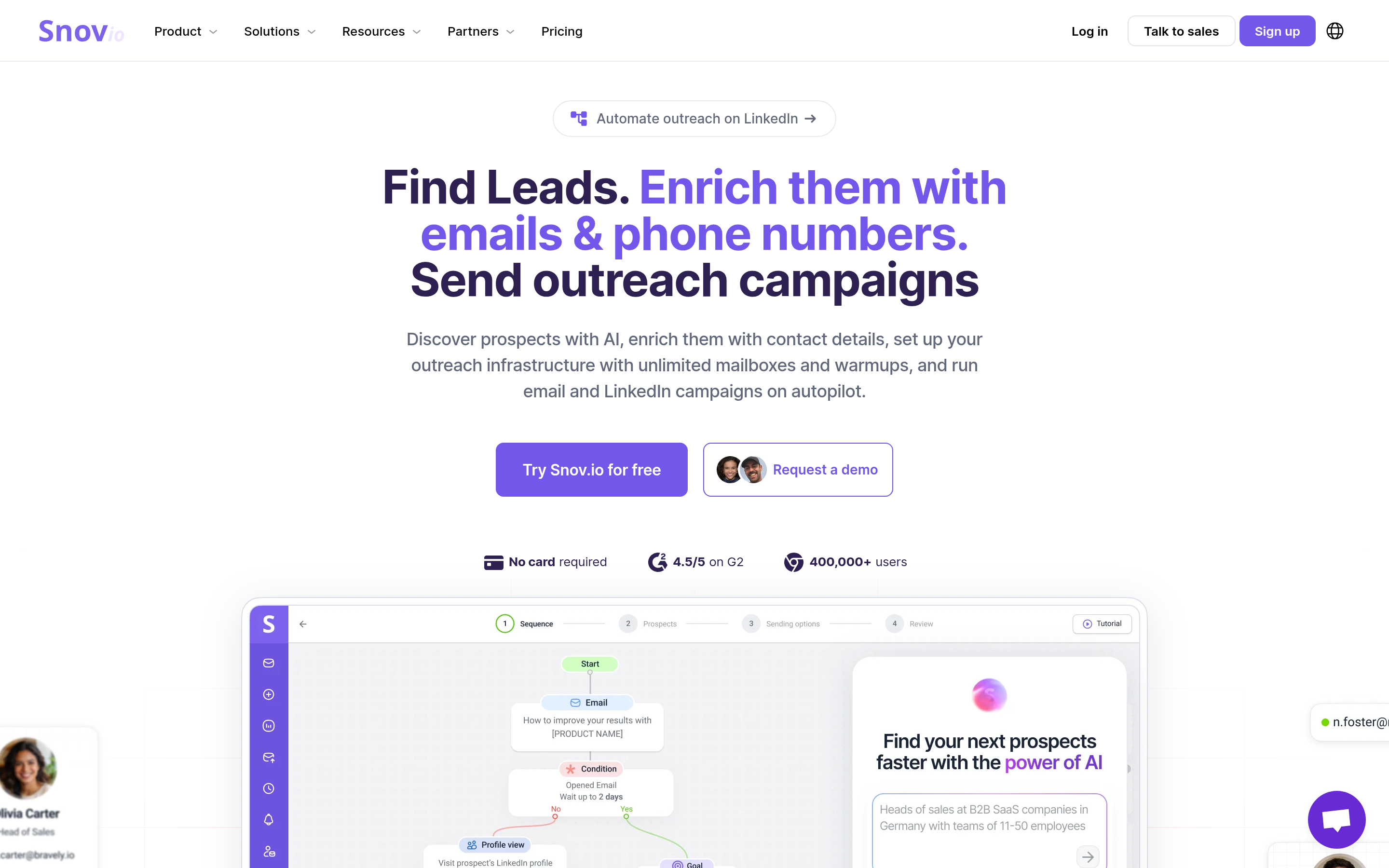Snov.io website screenshot — product, features and pricing