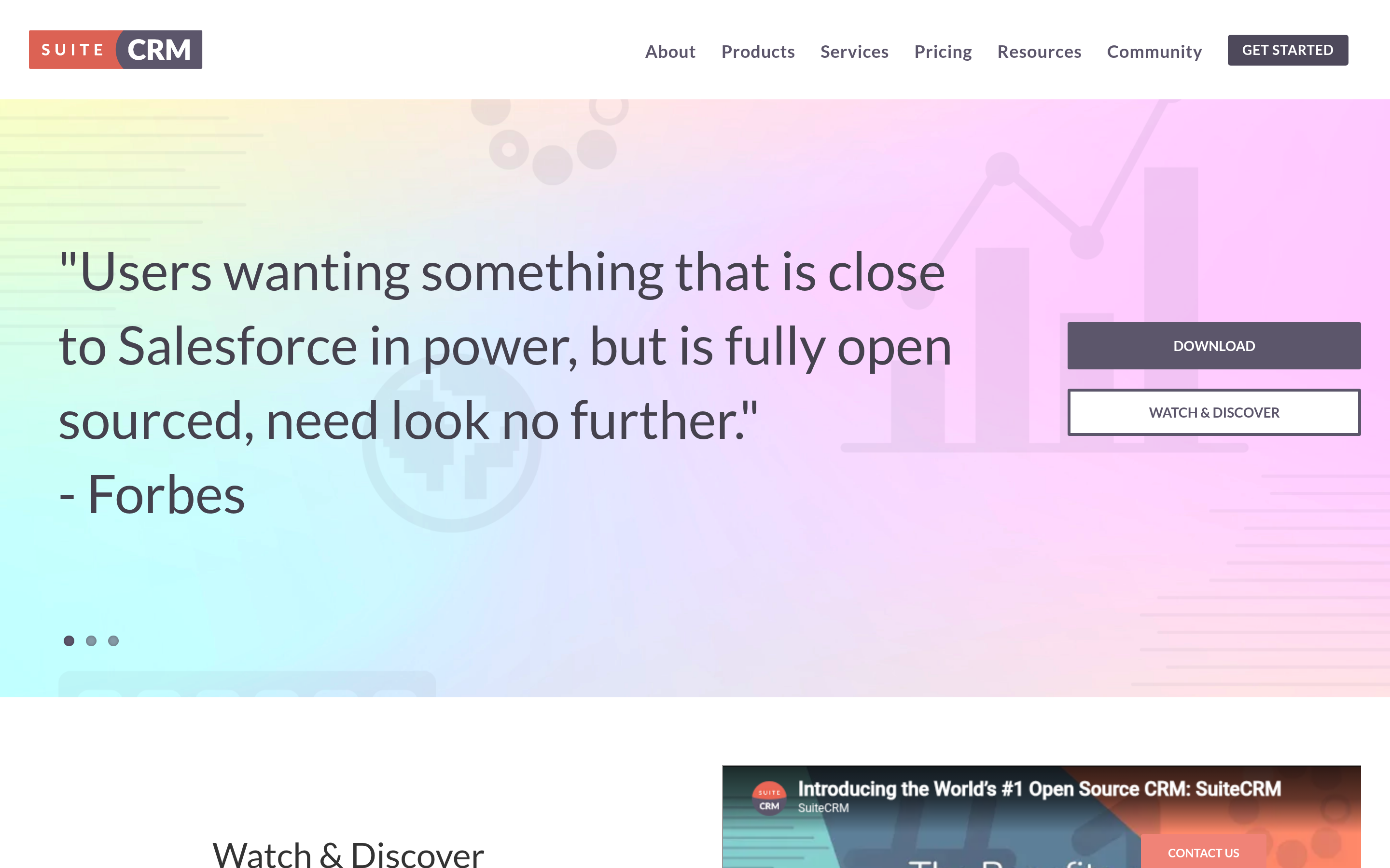 SuiteCRM website screenshot — product, features and pricing