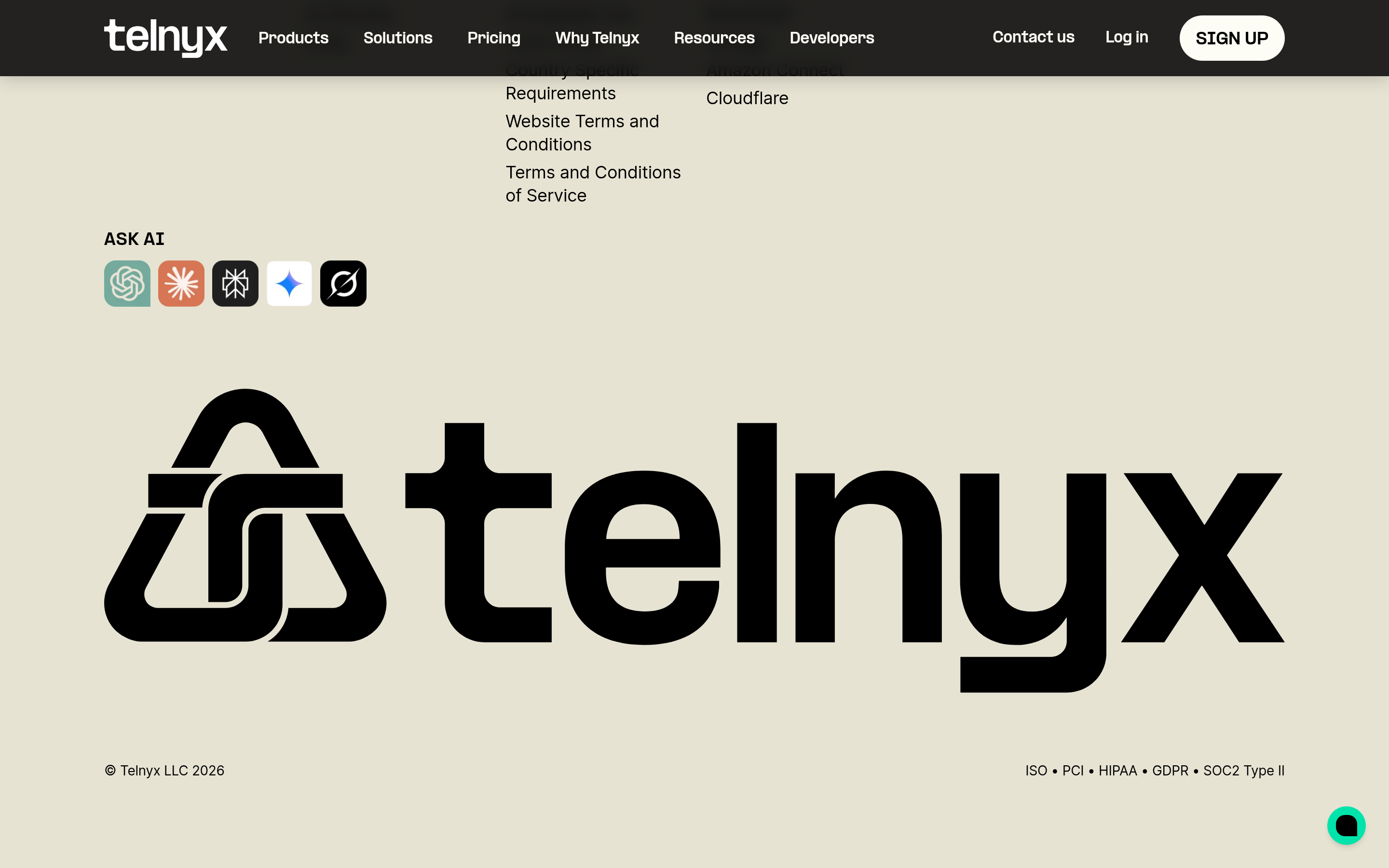 Telnyx website screenshot — product, features and pricing