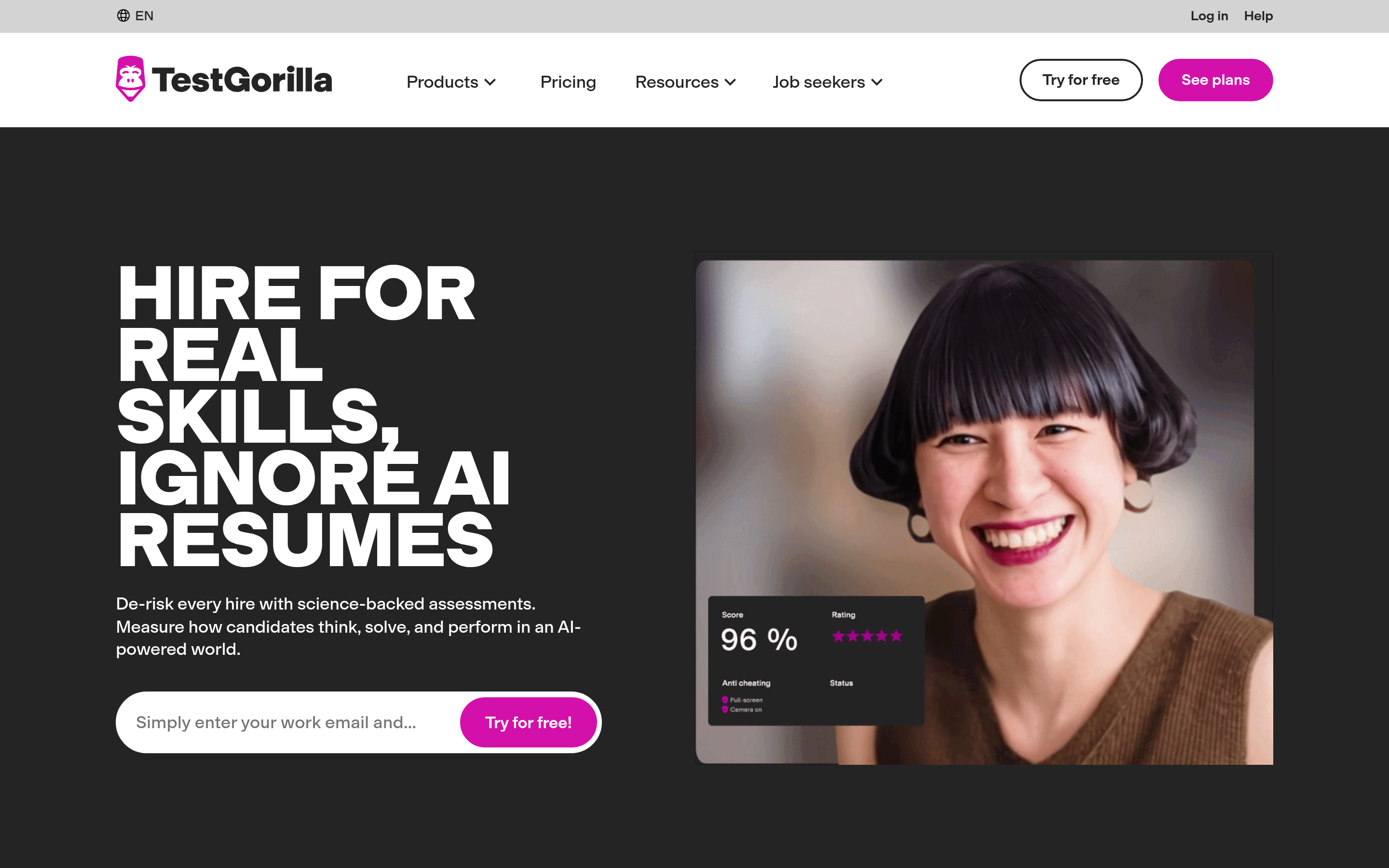 TestGorilla website screenshot — product, features and pricing