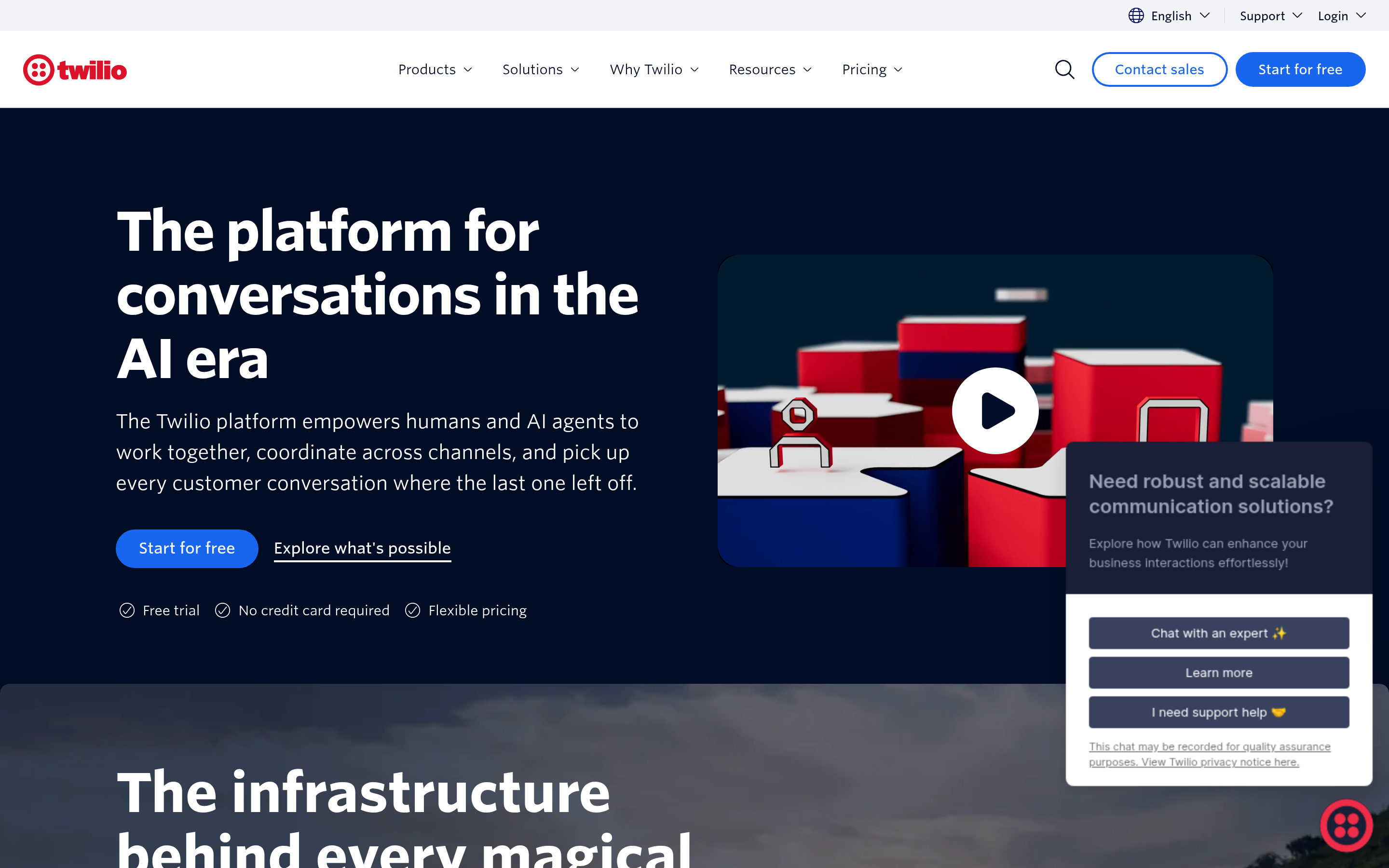 Twilio website screenshot — product, features and pricing
