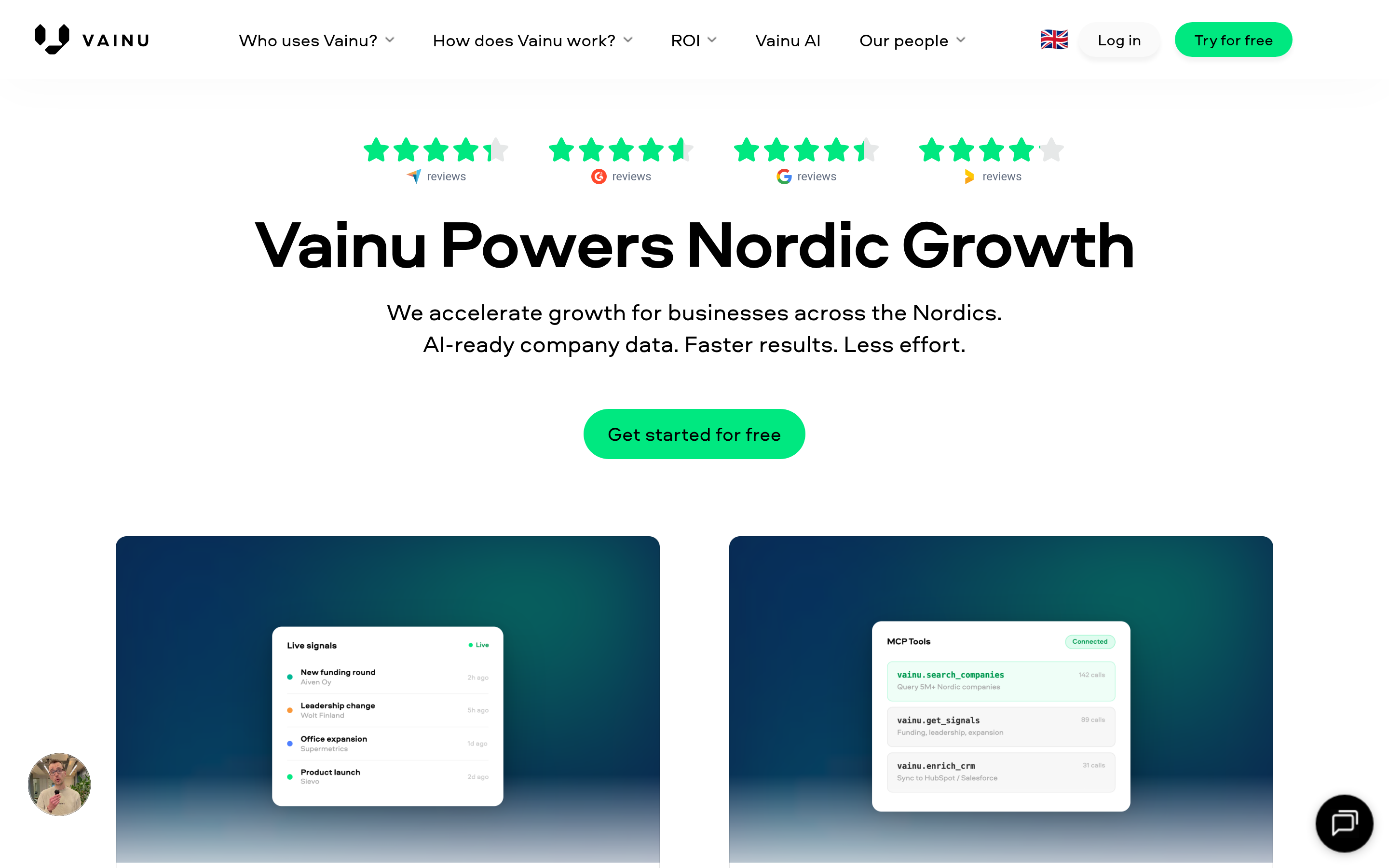 Vainu website screenshot — product, features and pricing
