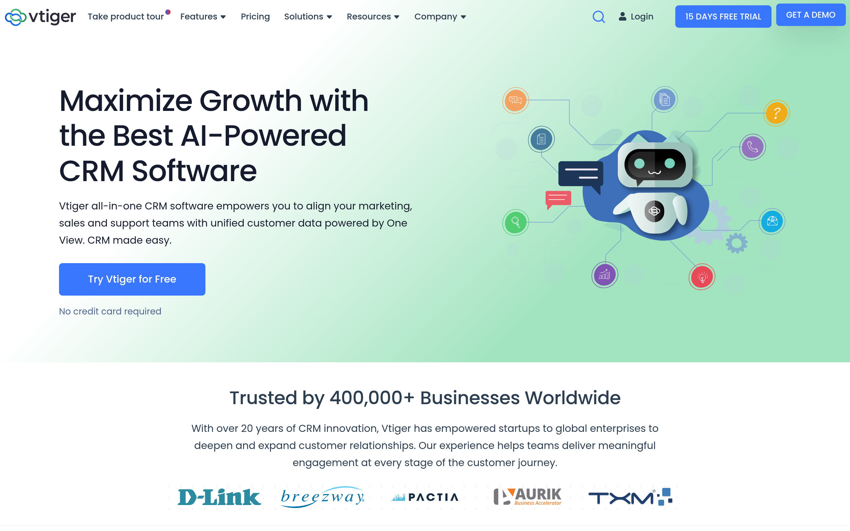 Vtiger website screenshot — product, features and pricing