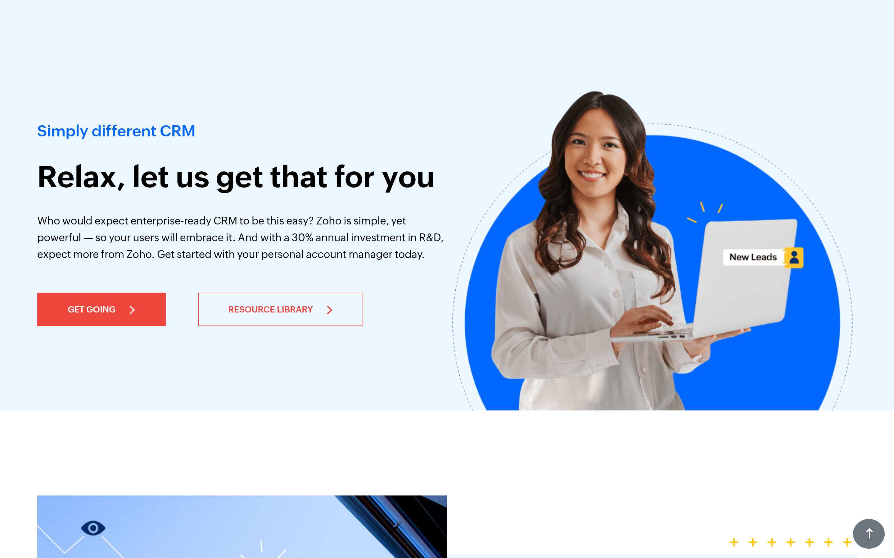 Zoho CRM website screenshot — product, features and pricing