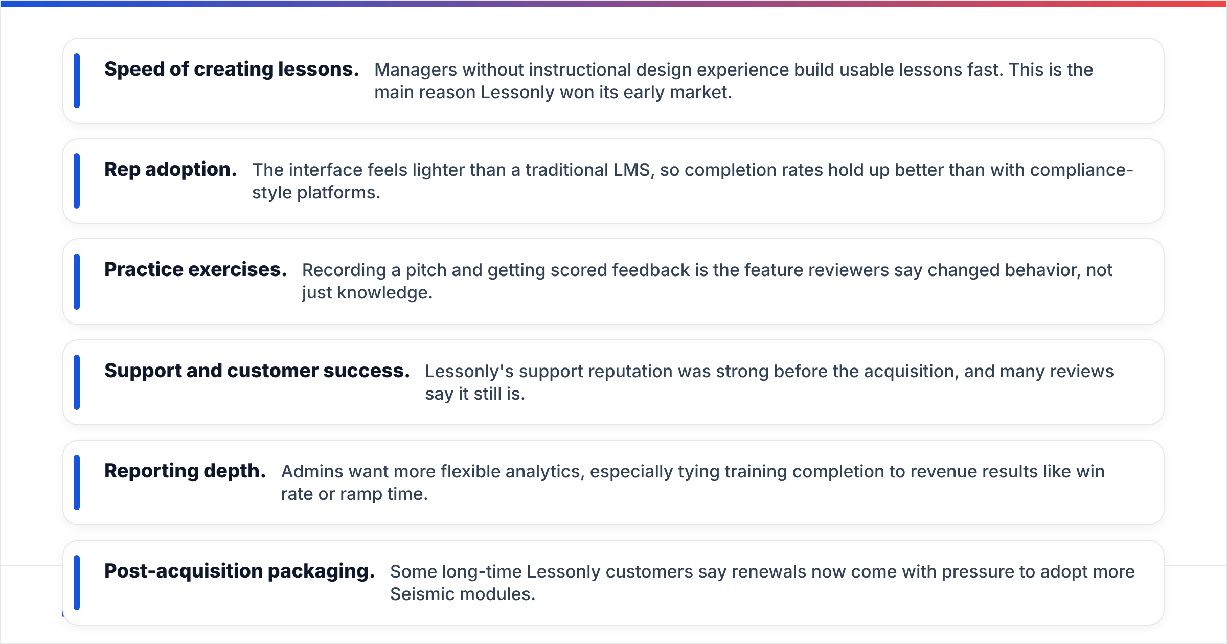 Diagram: What do users say in Lessonly Seismic Learning reviews