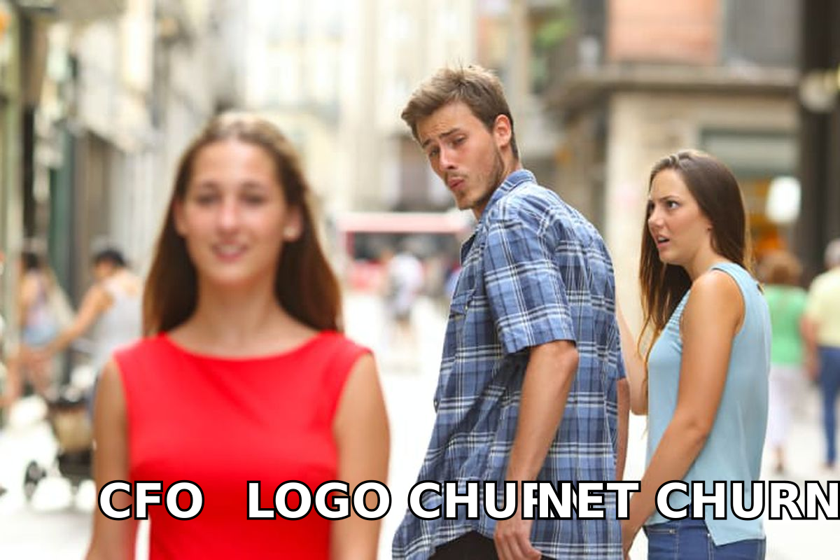 Distracted boyfriend meme where a CFO ignores logo churn to stare at net churn