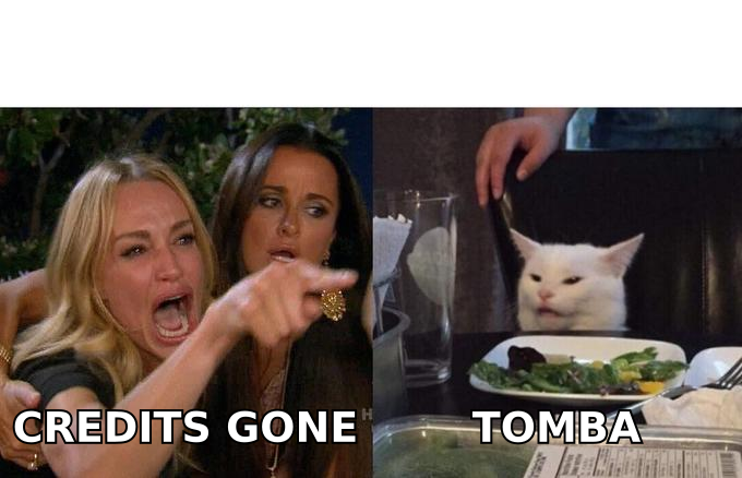 Sales lead arguing about expired data credits while a calm cat represents Tomba