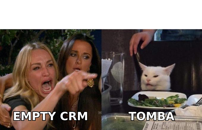Sales manager rejecting an empty CRM while the calm side points to Tomba
