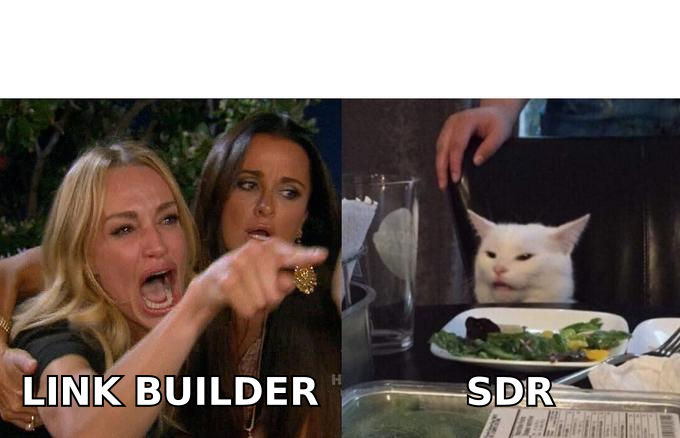 Woman labelled Link Builder yelling at a cat labelled SDR over which outreach tool to buy