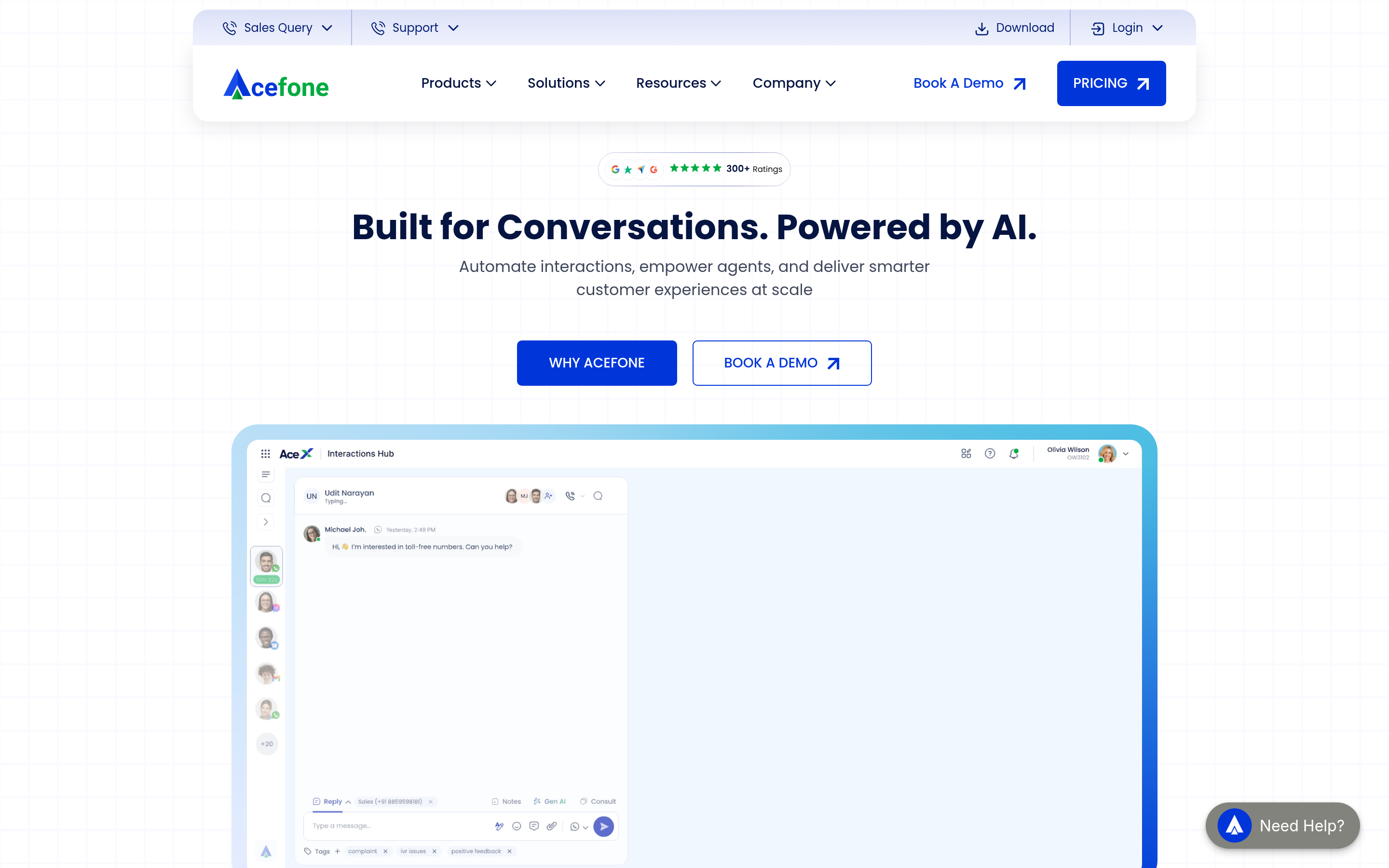 Acefone website screenshot — product, features and pricing