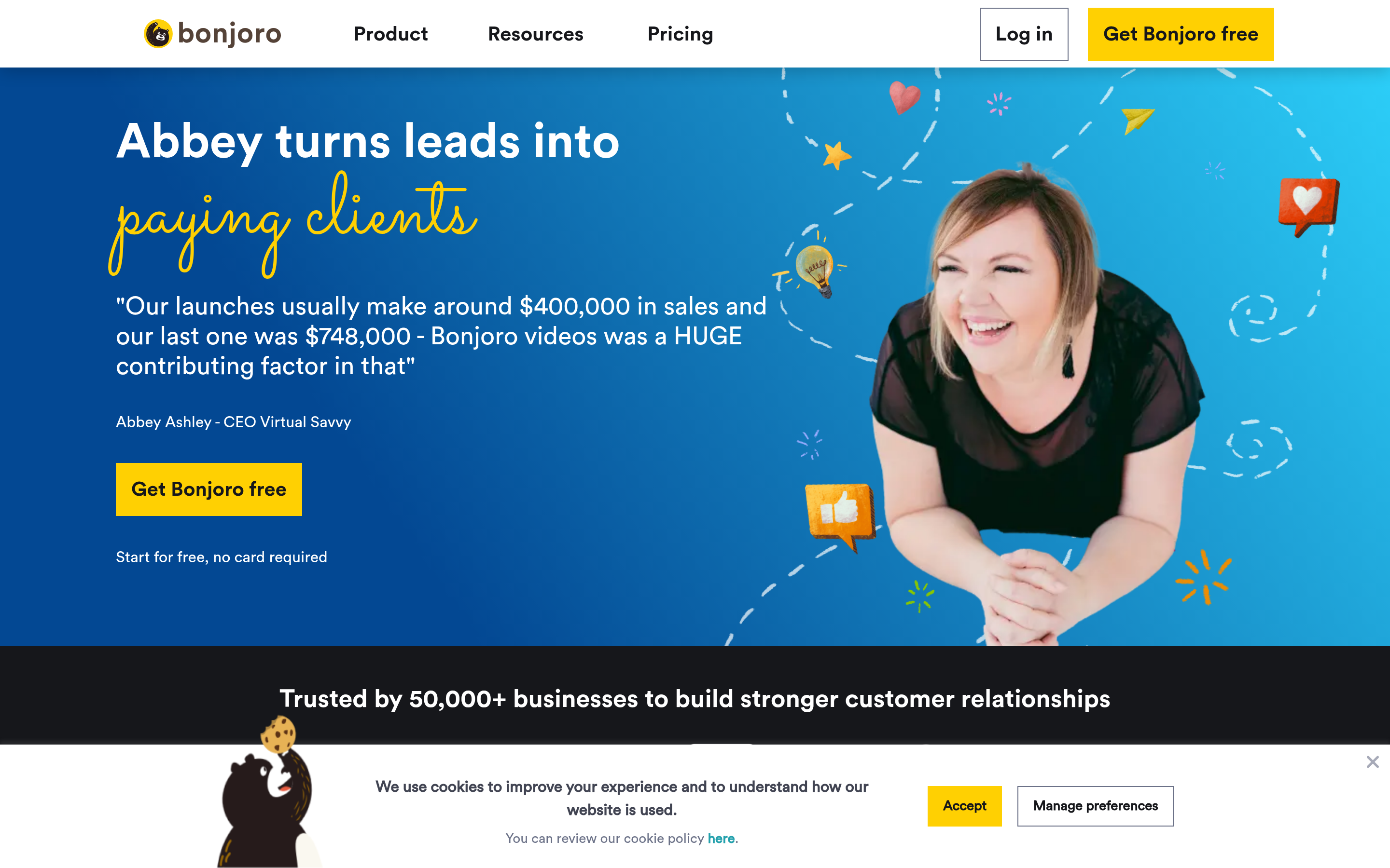 Bonjoro website screenshot — product, features and pricing