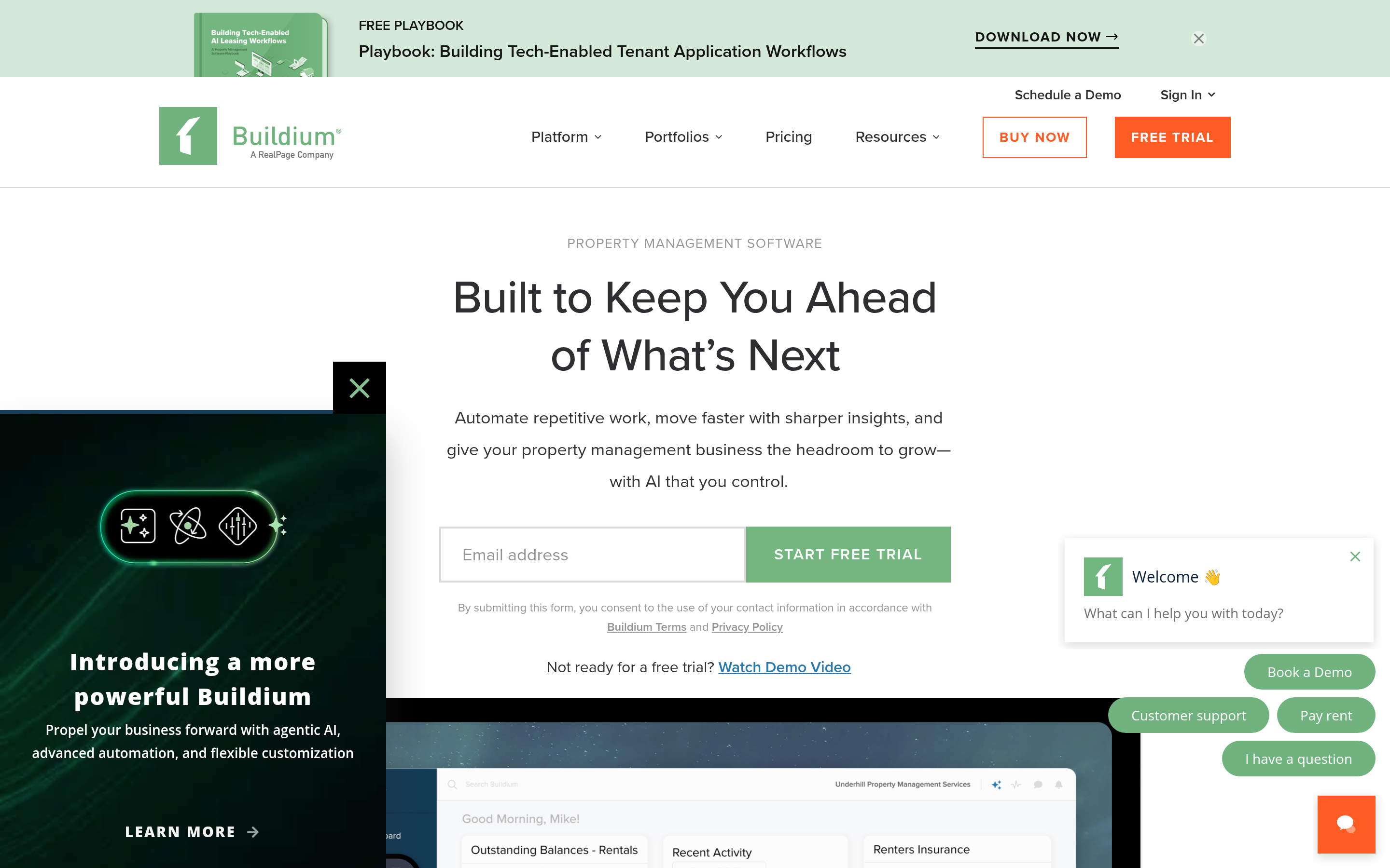 Buildium website screenshot — product, features and pricing