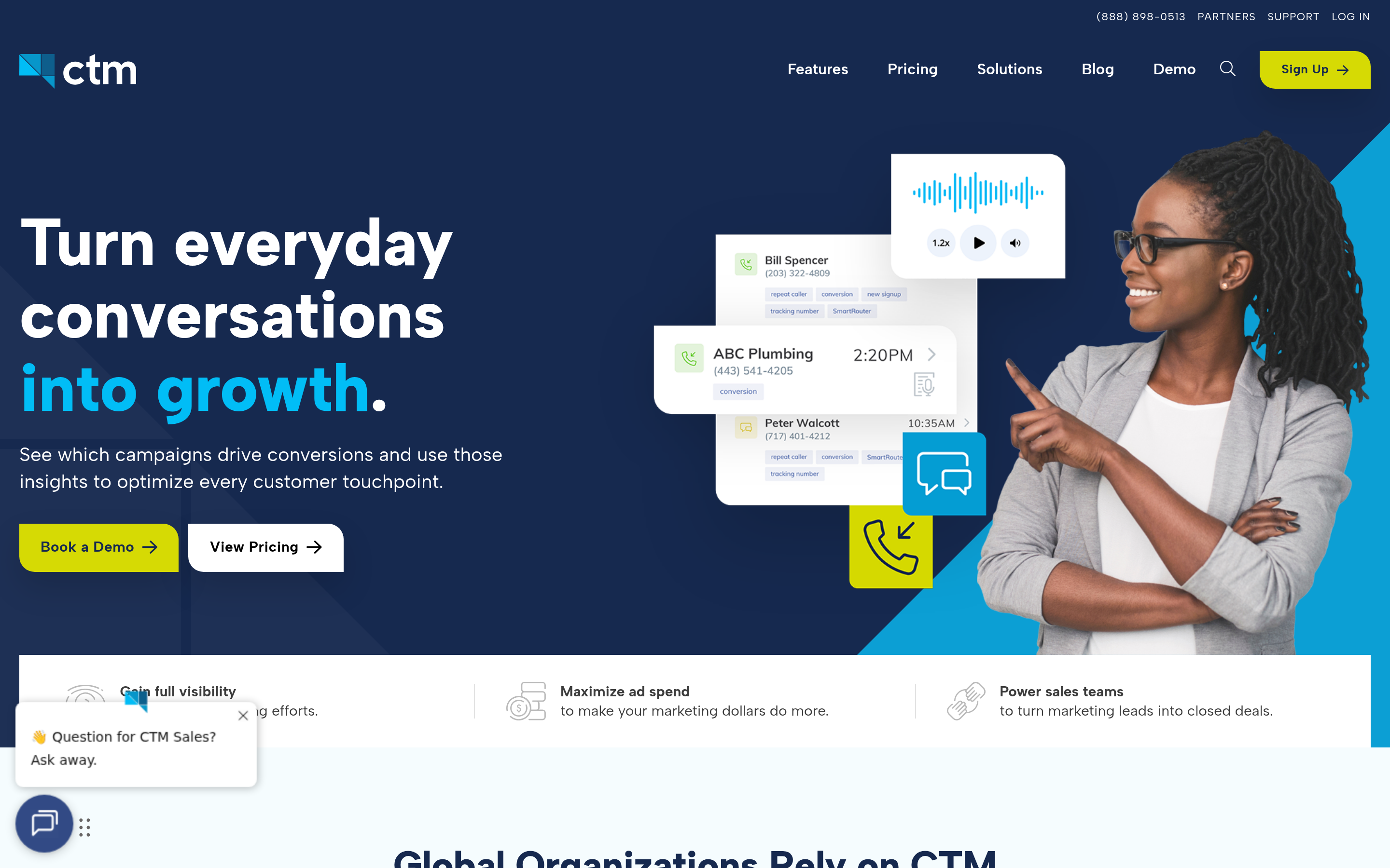 CallTrackingMetrics website screenshot — product, features and pricing