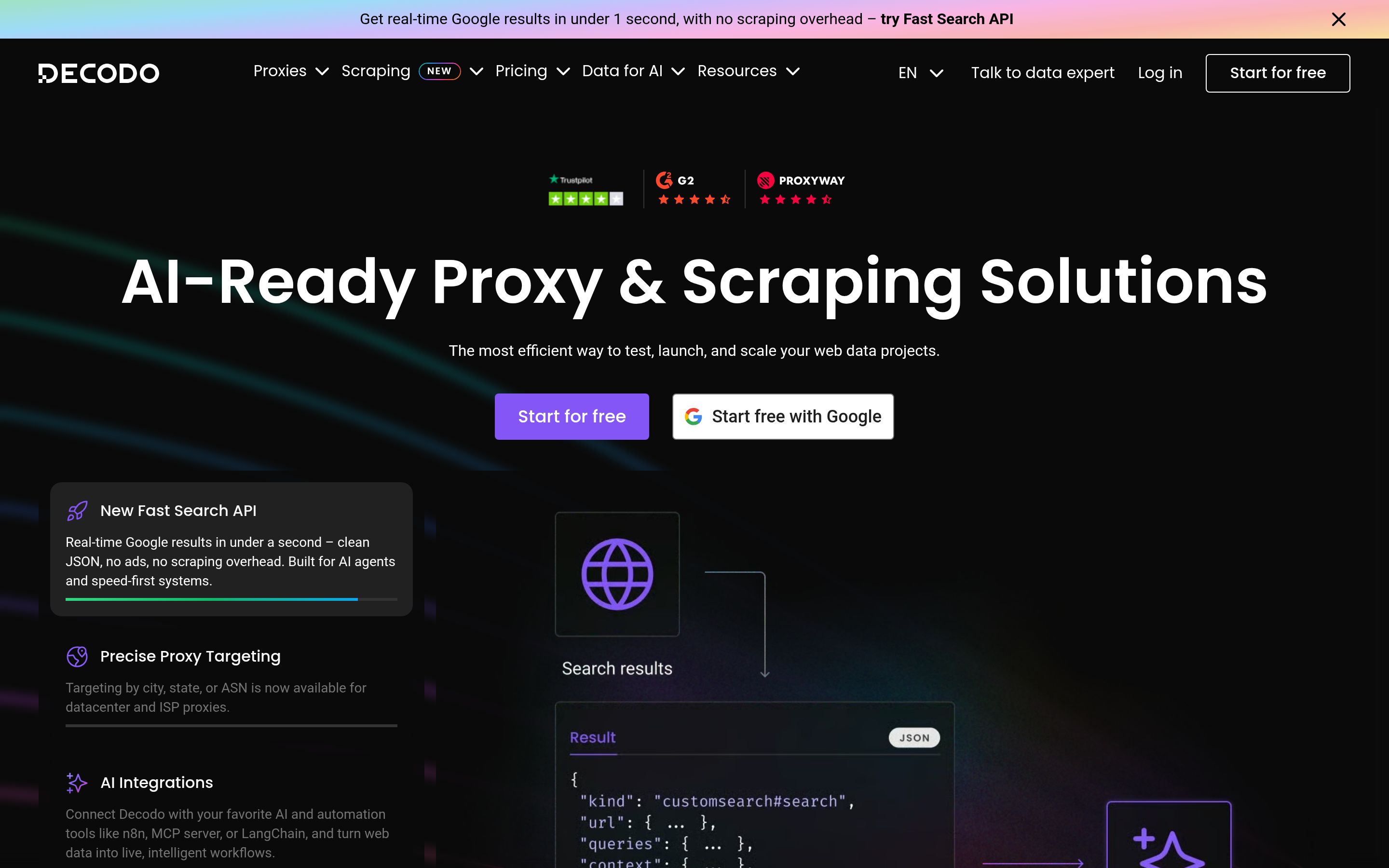 Decodo website screenshot — product, features and pricing