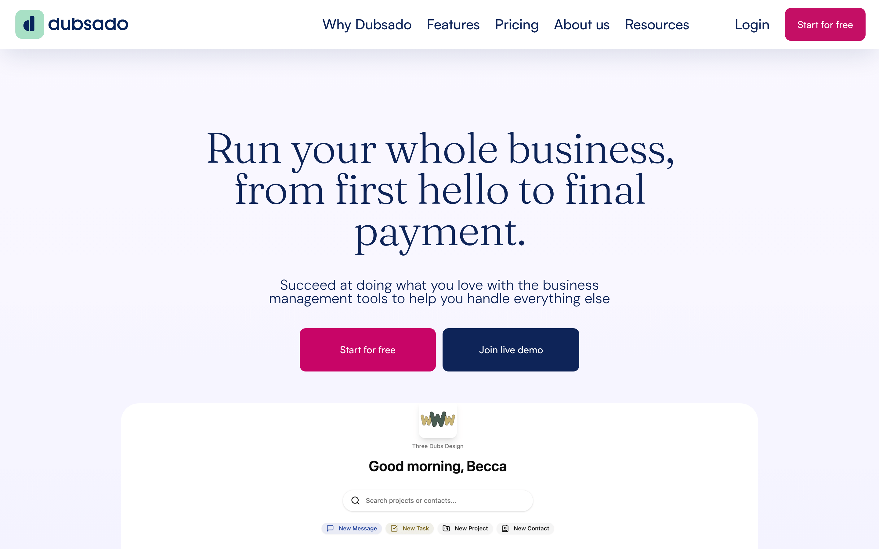 Dubsado website screenshot — product, features and pricing