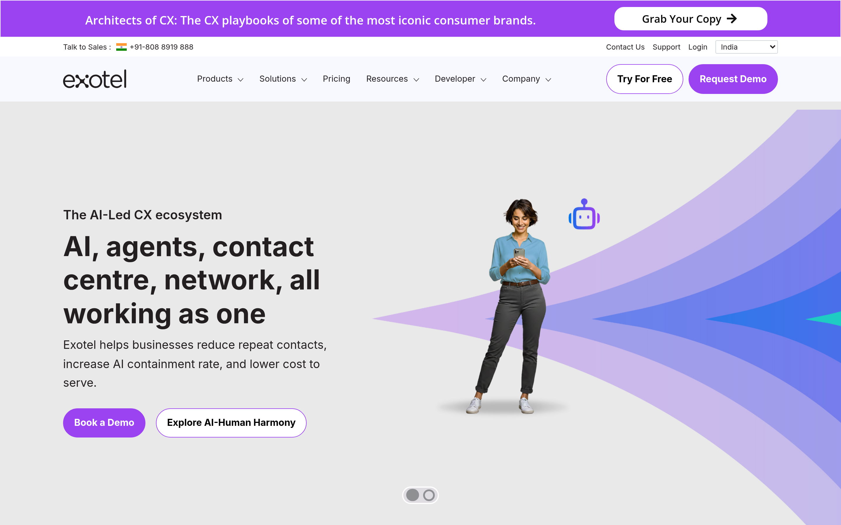 Exotel website screenshot — product, features and pricing
