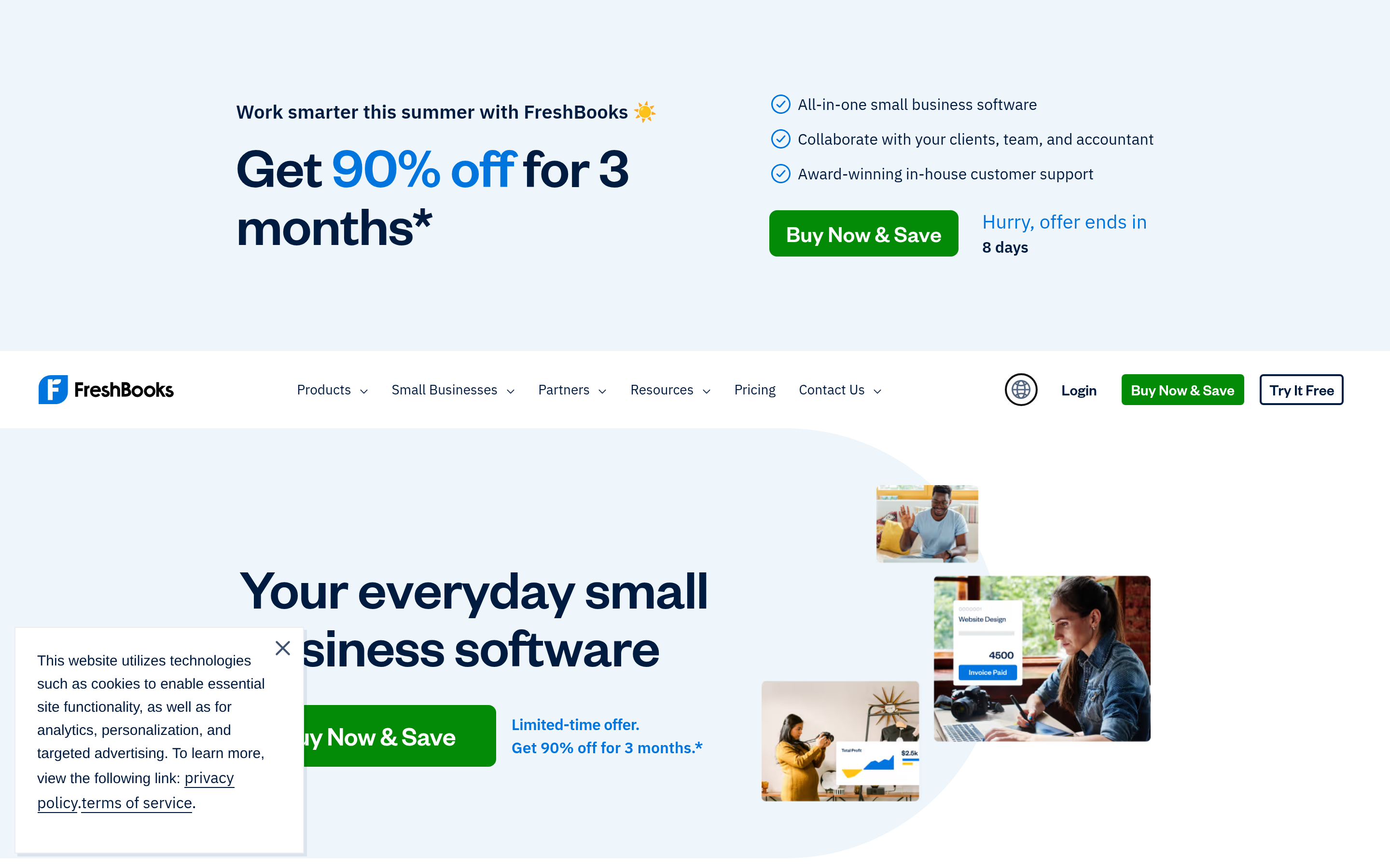 FreshBooks website screenshot — product, features and pricing