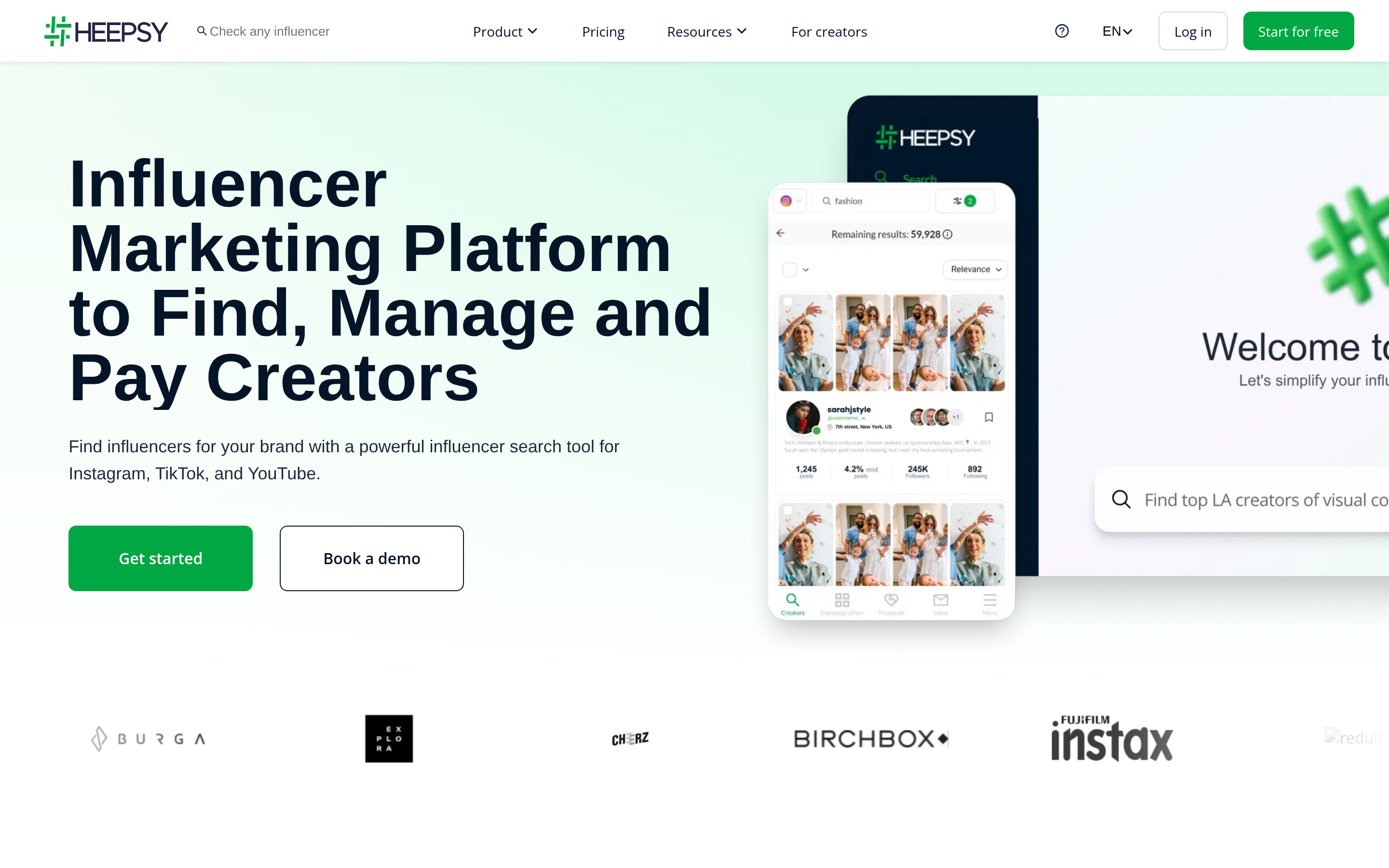Heepsy website screenshot — product, features and pricing
