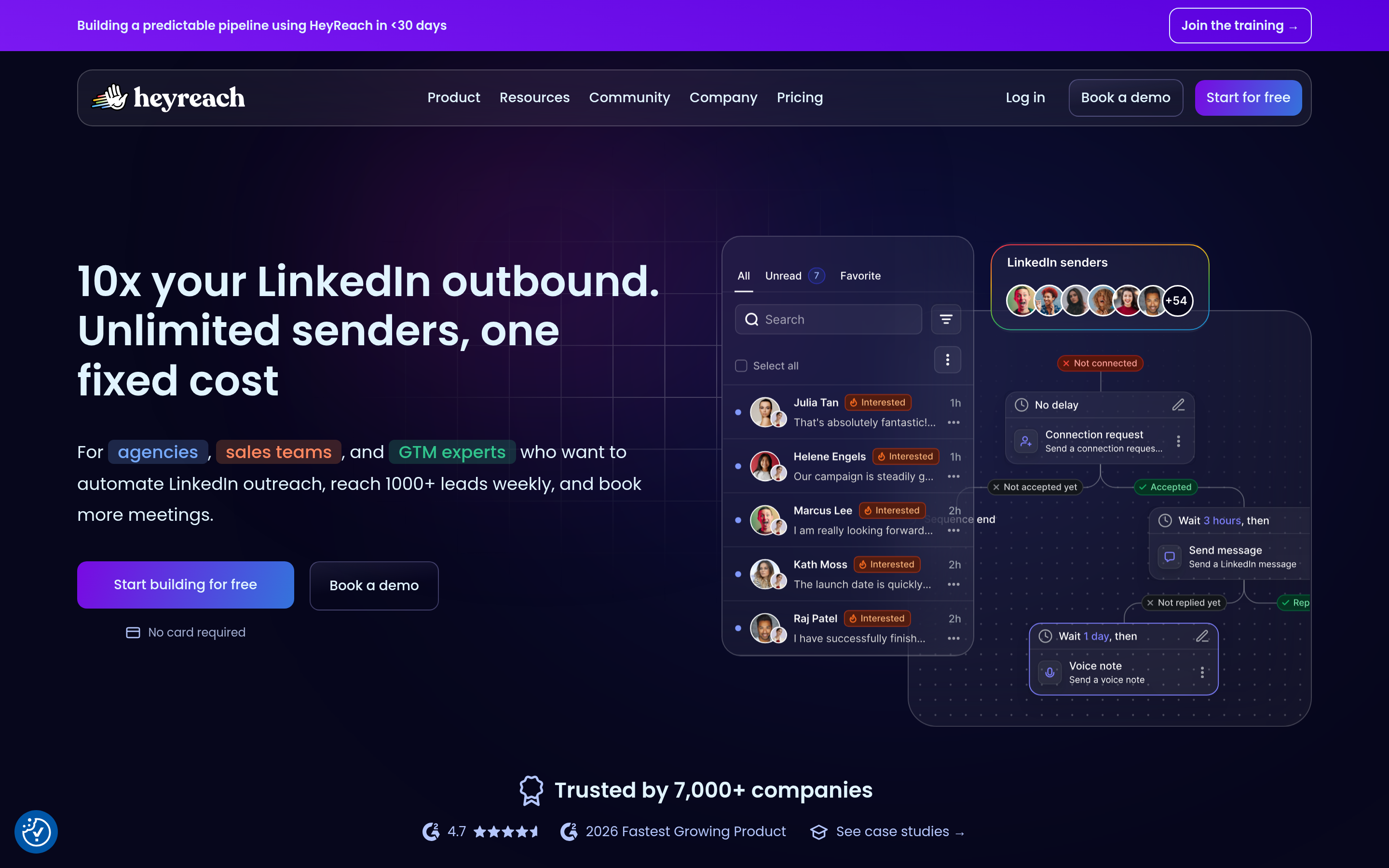 HeyReach website screenshot — product, features and pricing