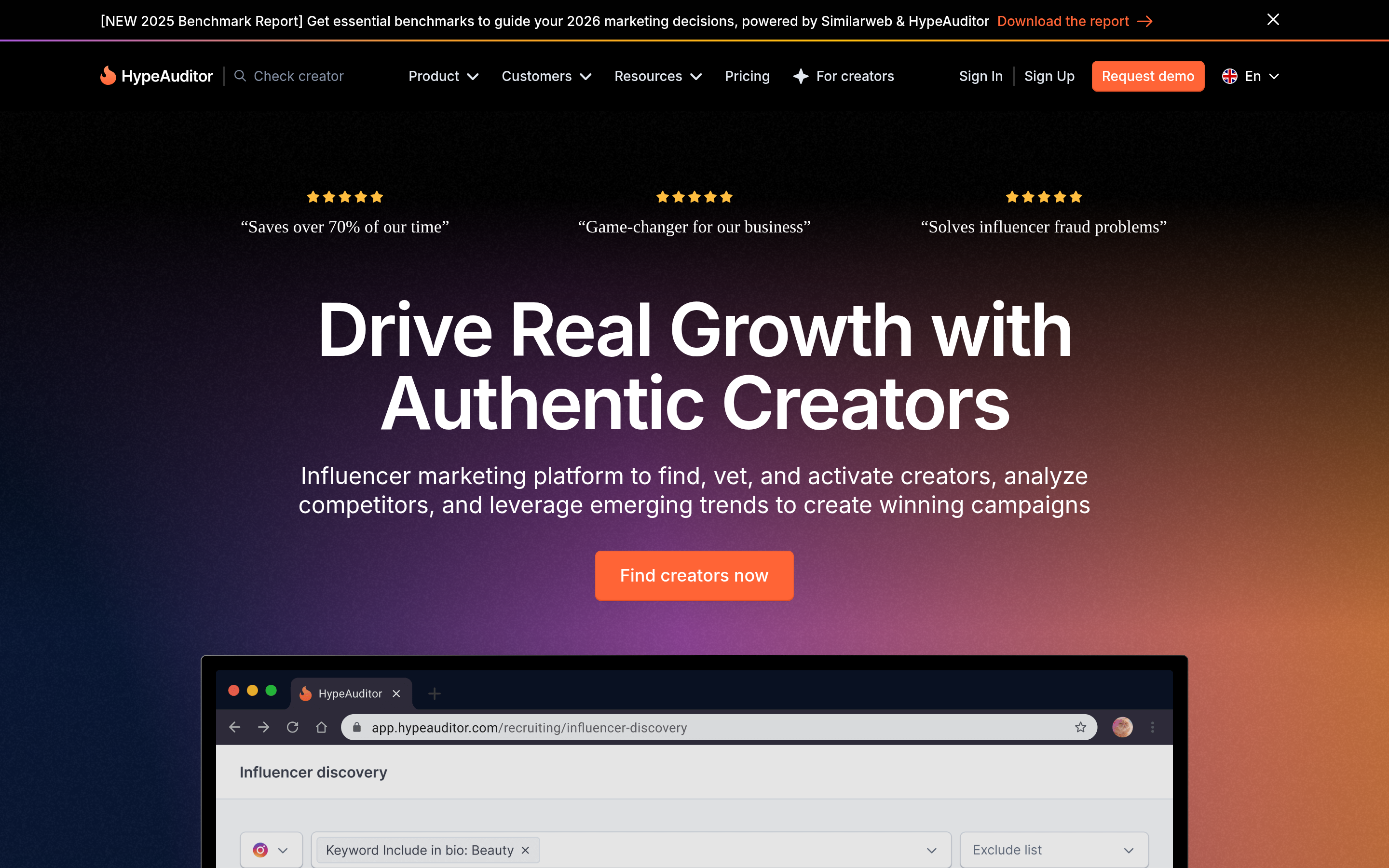 HypeAuditor website screenshot — product, features and pricing