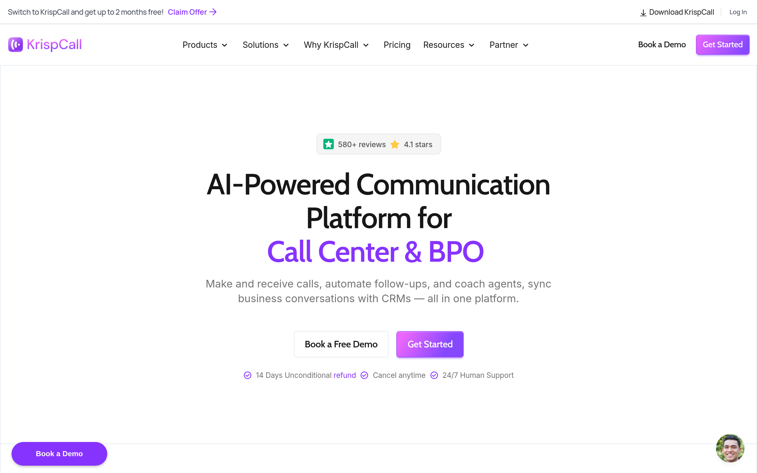 KrispCall website screenshot — product, features and pricing