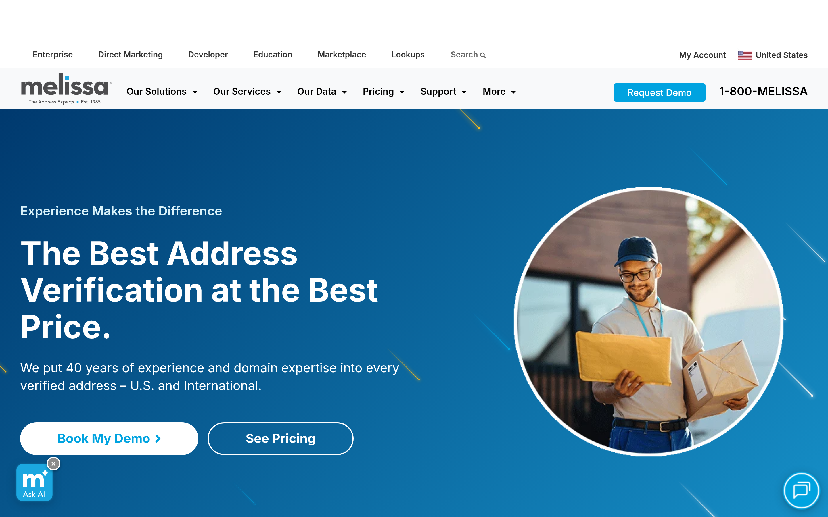 Melissa website screenshot — product, features and pricing