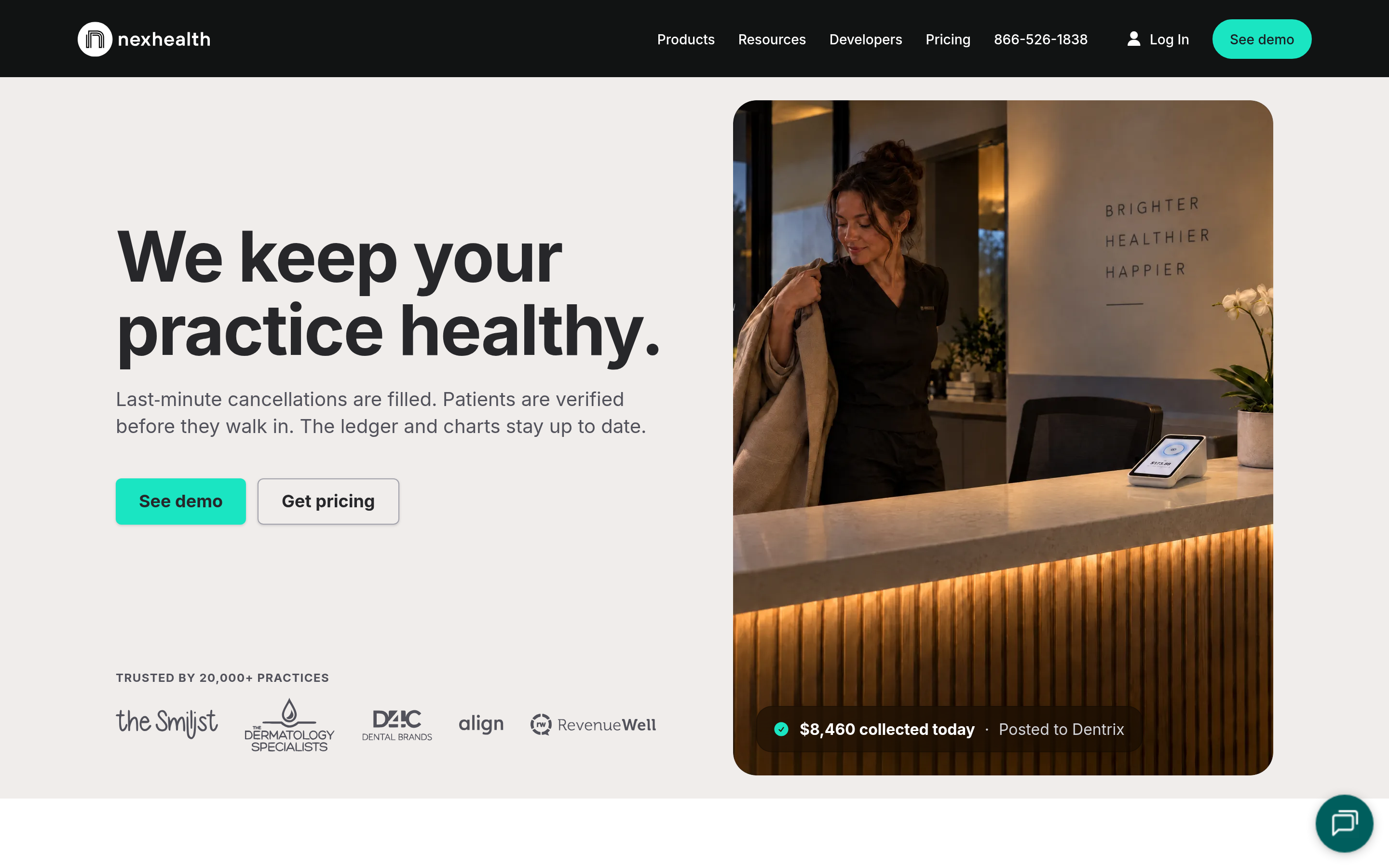 NexHealth website screenshot — product, features and pricing