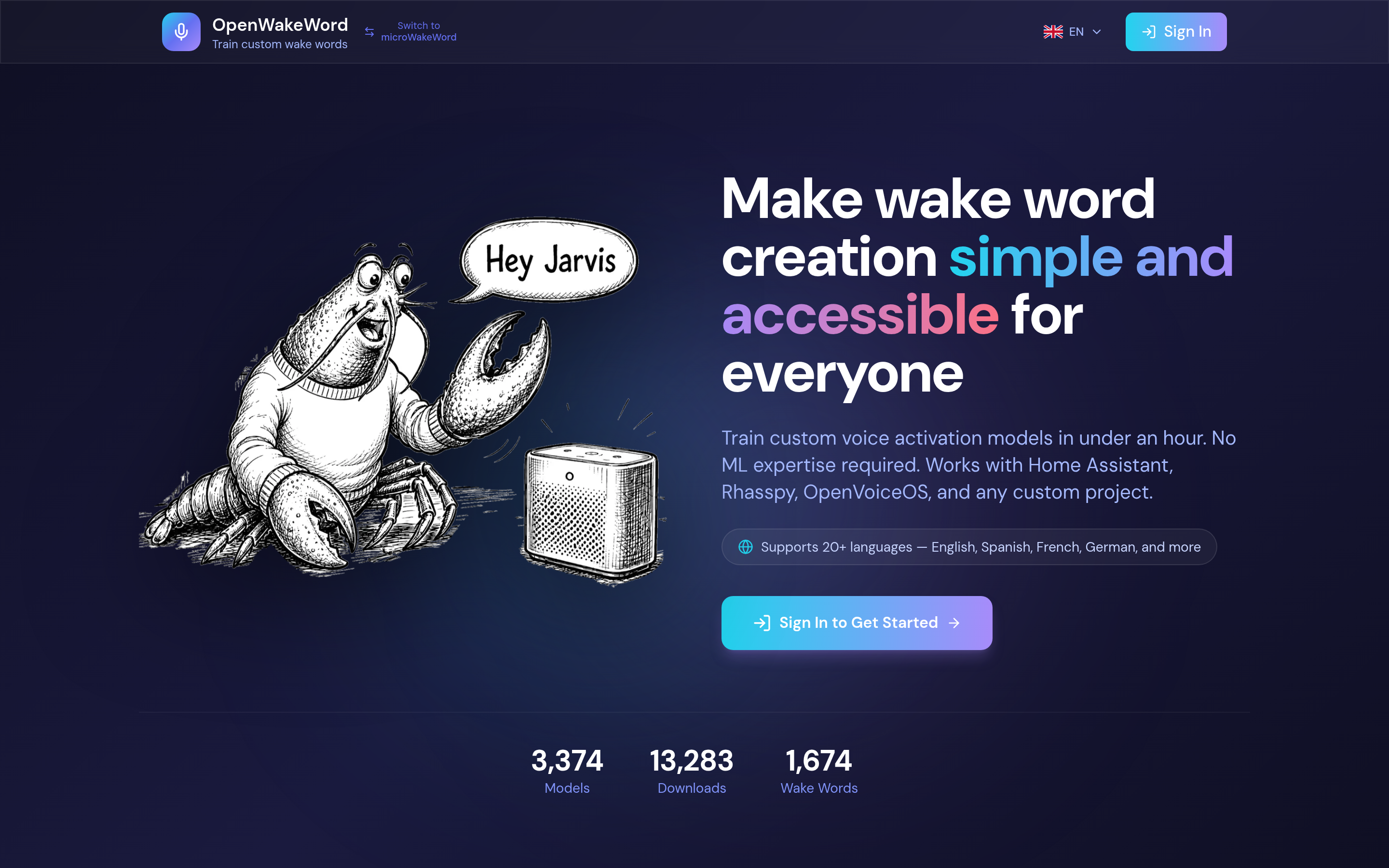 openWakeWord website screenshot — product, features and pricing