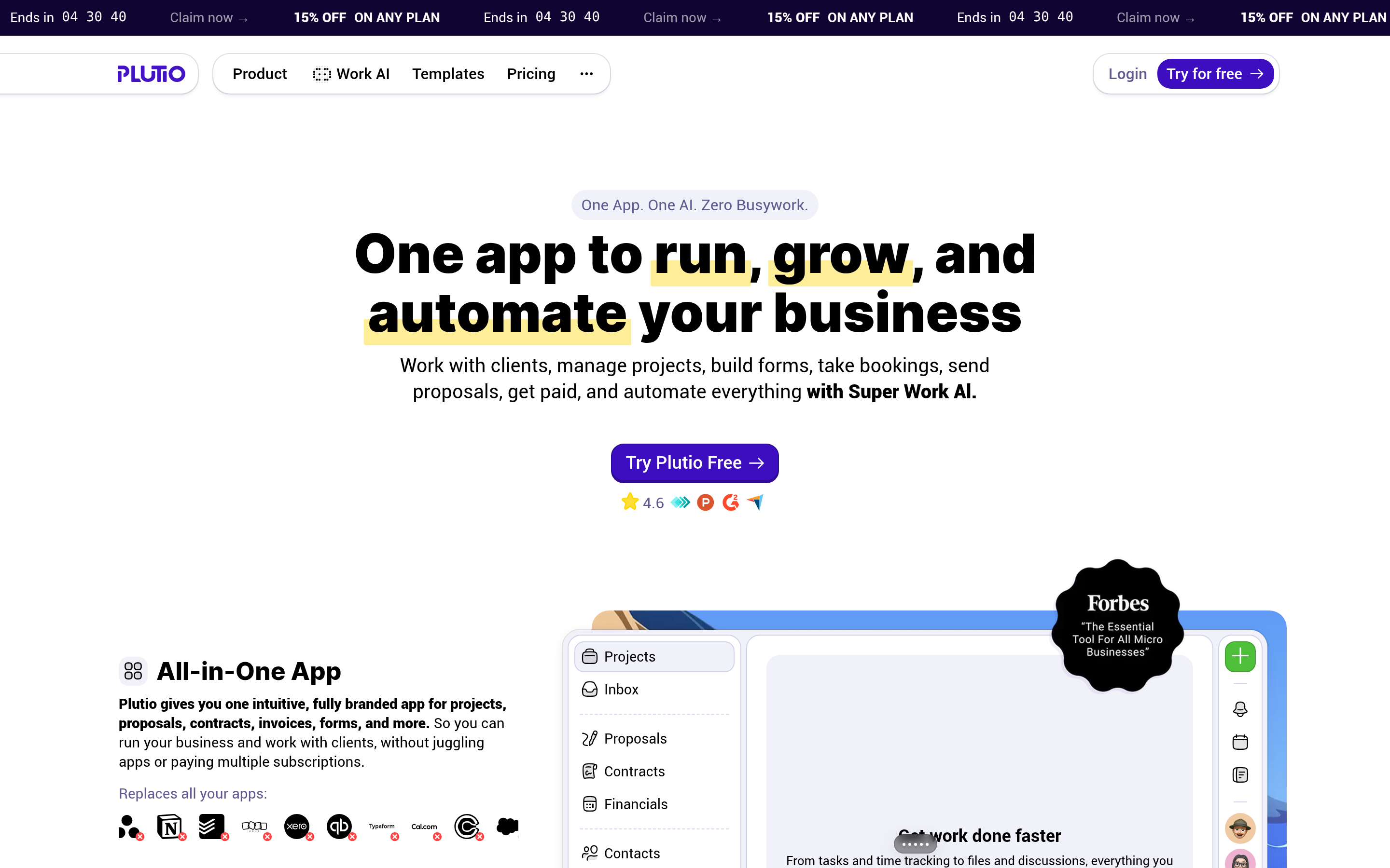 Plutio website screenshot — product, features and pricing