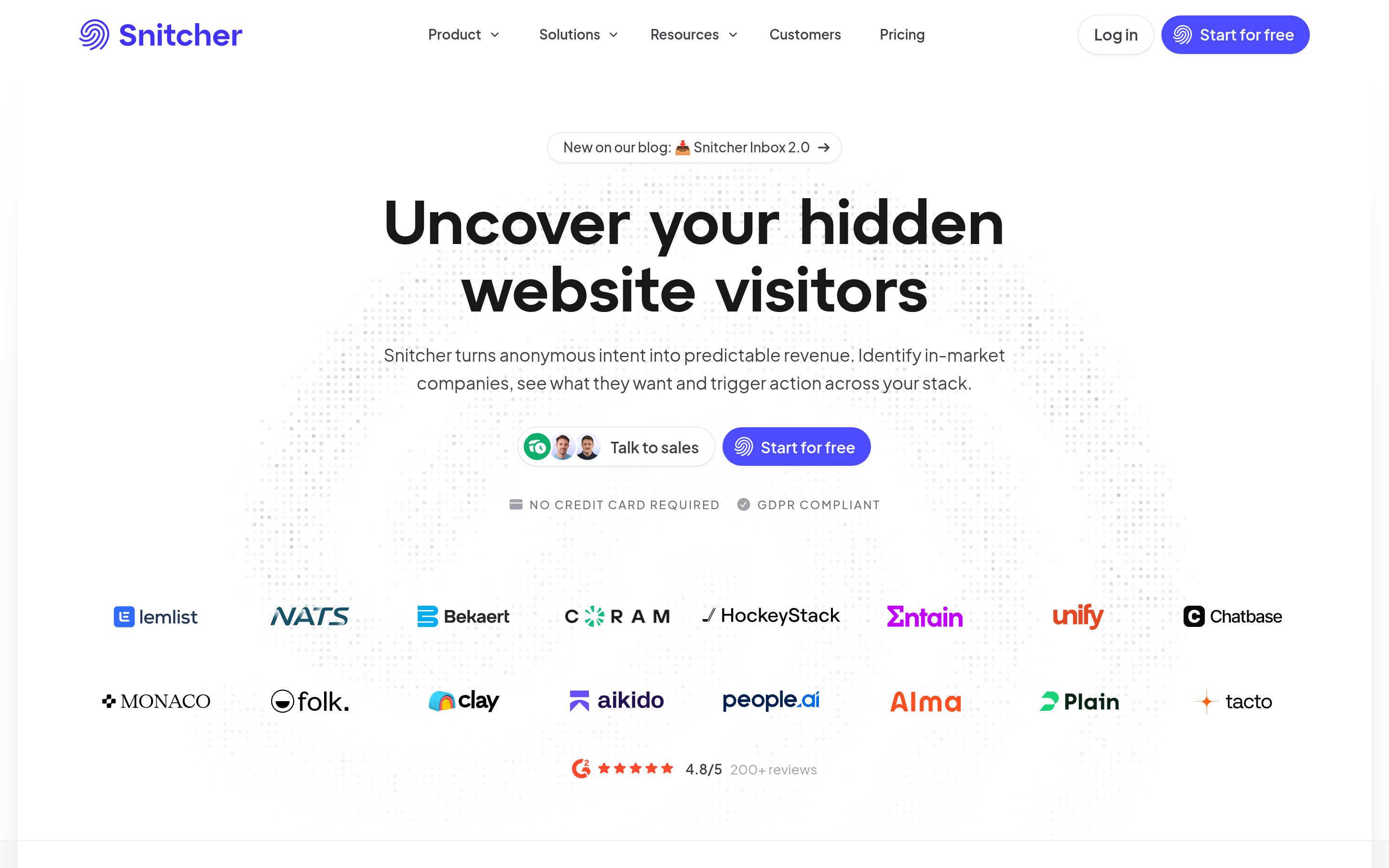 Snitcher website screenshot — product, features and pricing