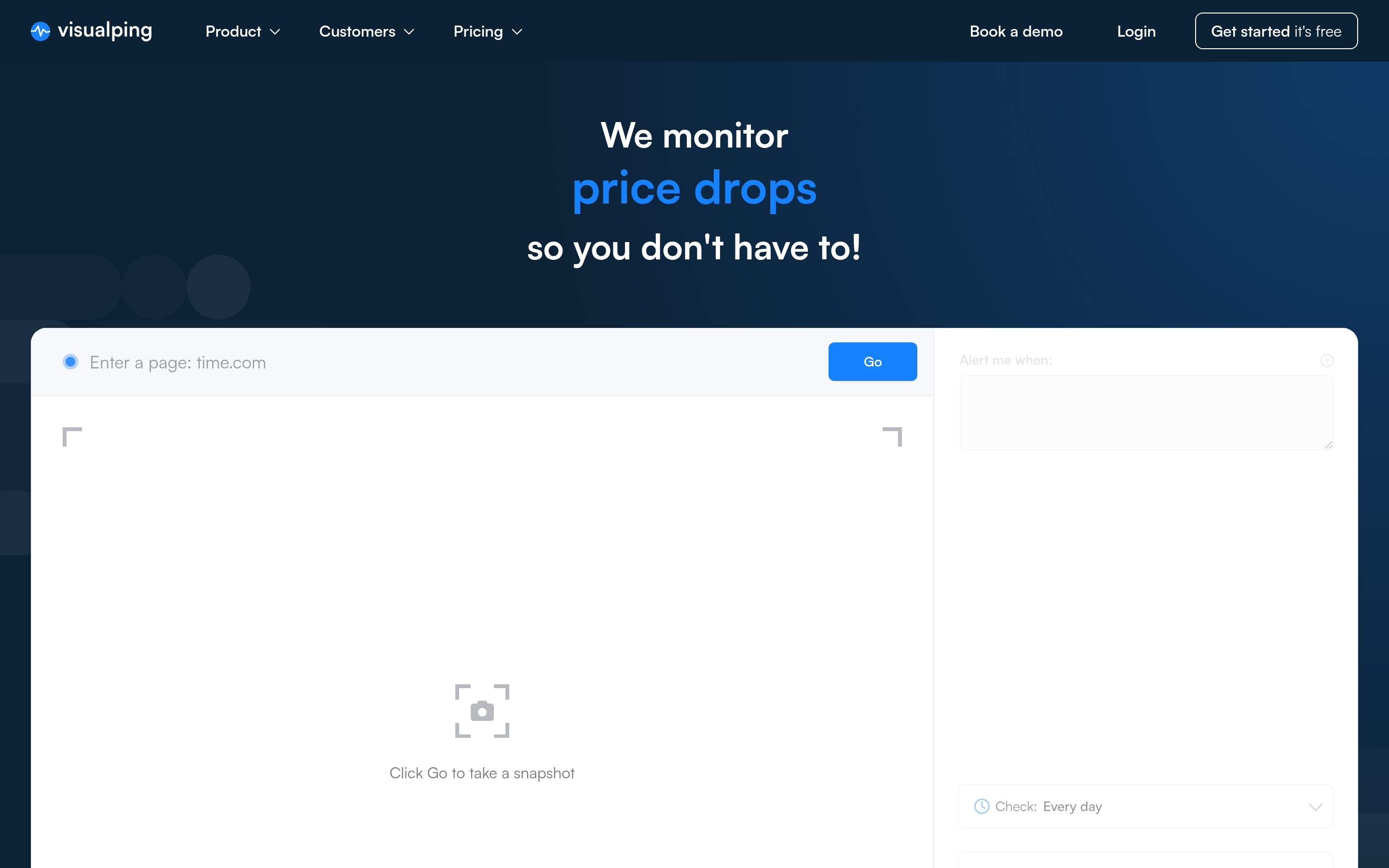 Visualping website screenshot — product, features and pricing